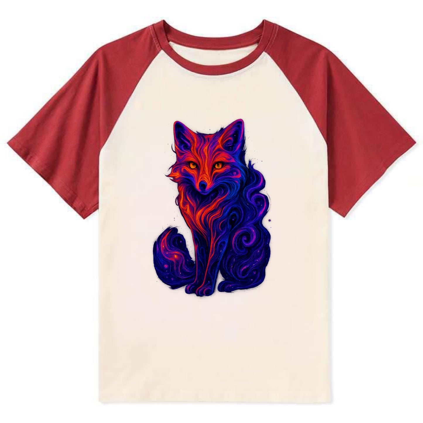 Clever fox with tail dissolving into cosmic nebula swirls, orange to - Contrast Raglan T-shirt - Red