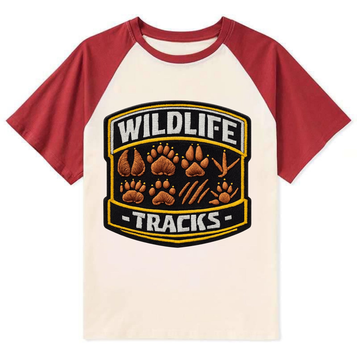 WILDLIFE TRACKS - animal footprints in brown , tracker - Contrast Raglan T-shirt - Red
