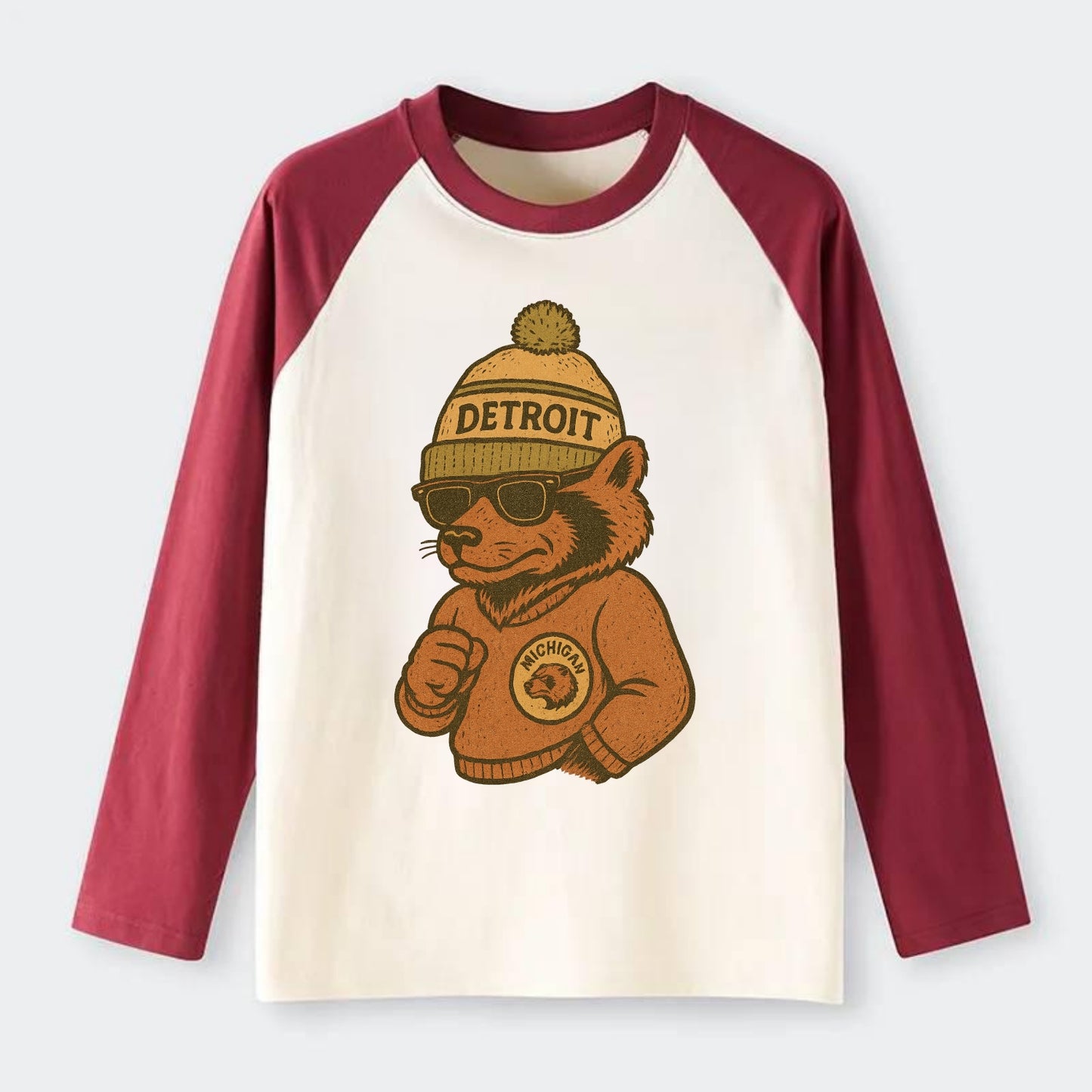 Michigan Wolverine wearing Detroit beanie with pom pom and wayfarer - Raglan Long Sleeve T-Shirt - Red