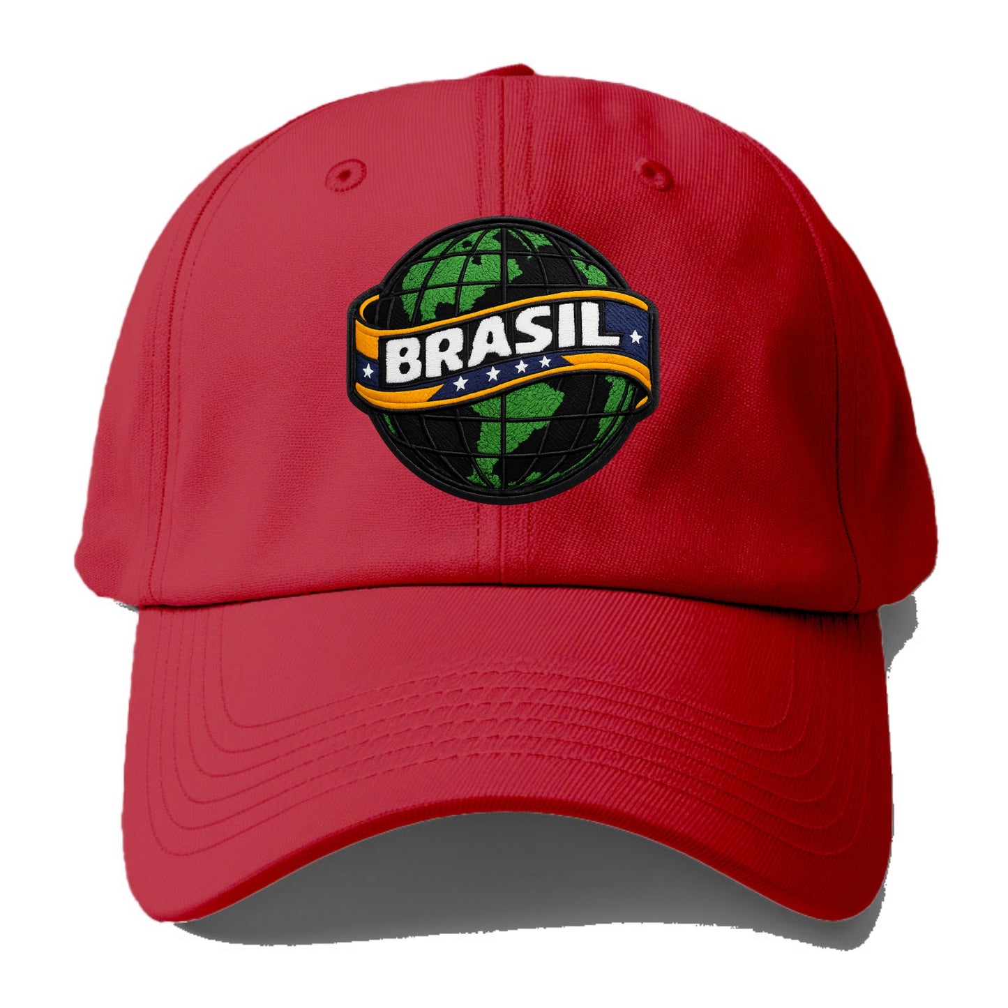 BRAZILIAN FLAG GLOBE - green globe with banner in green yellow blue , Brasil - Baseball Cap - Red