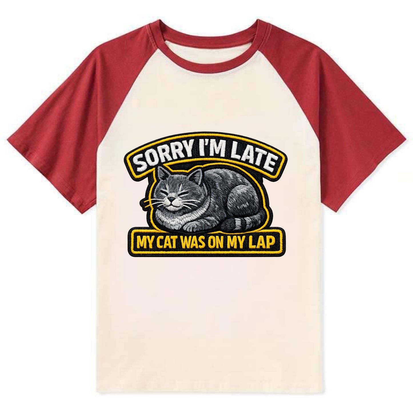 SORRY IM LATE MY CAT WAS ON MY LAP - cat loaf in gray , valid excuse - Contrast Raglan T-shirt - Red
