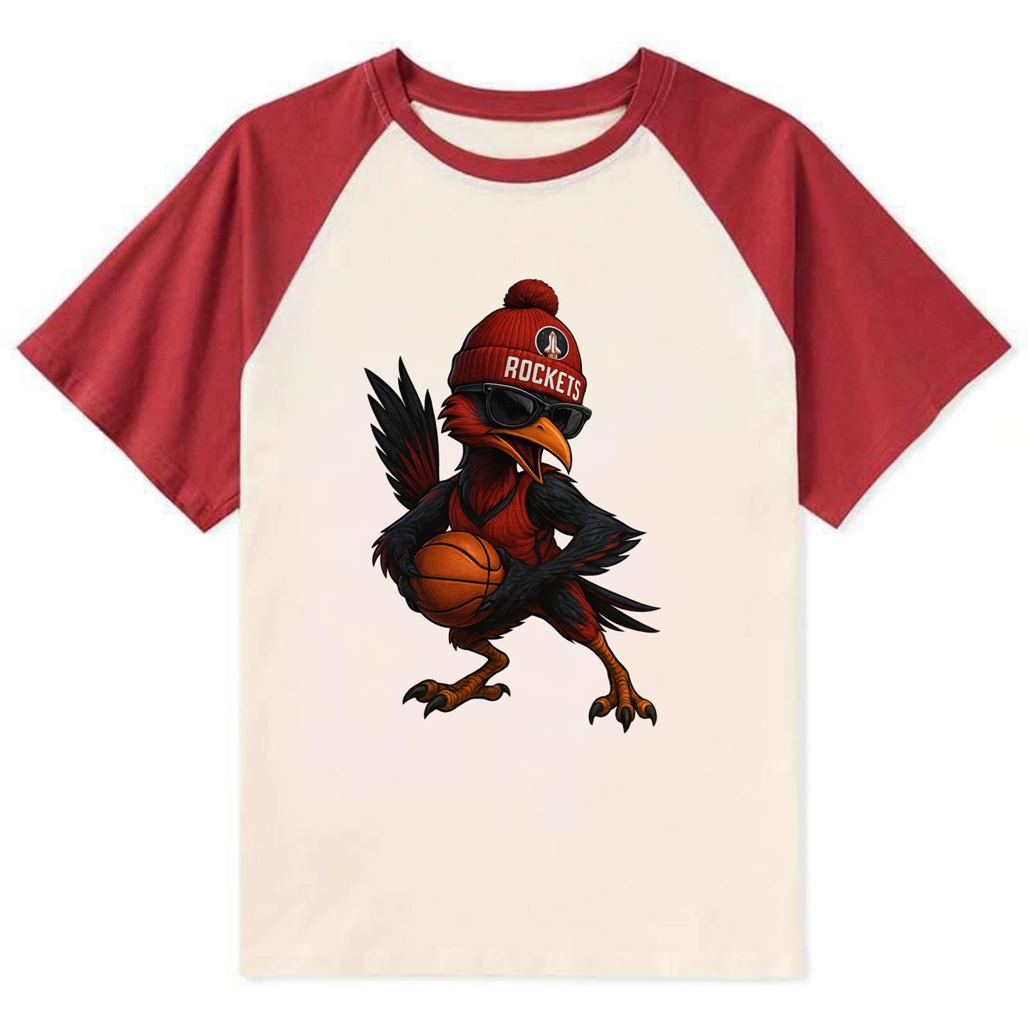 Houston Roadrunner wearing Rockets beanie with launch pad patch and - Contrast Raglan T-shirt - Red
