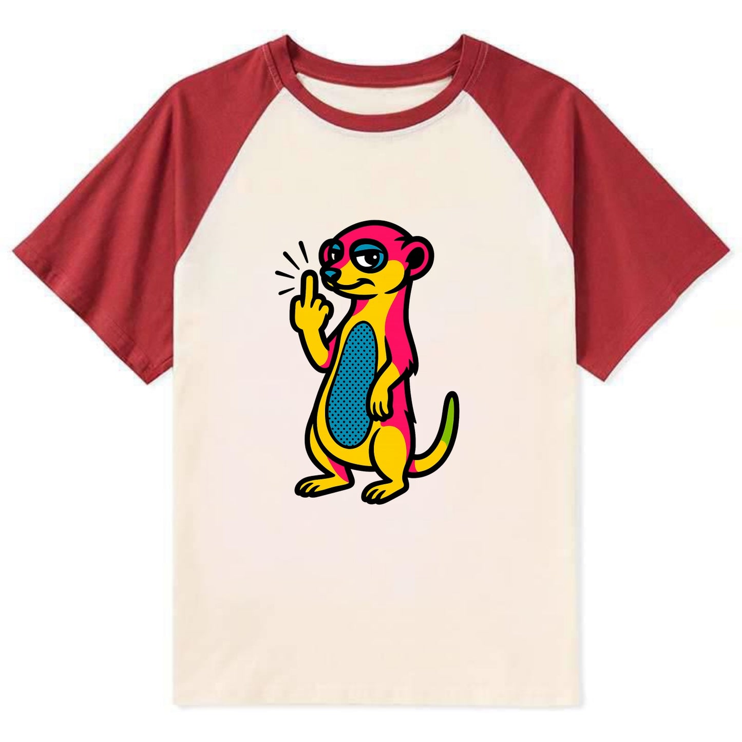 cute meerkat standing guard on hind legs, one front paw raised in sassy - Contrast Raglan T-shirt - Red