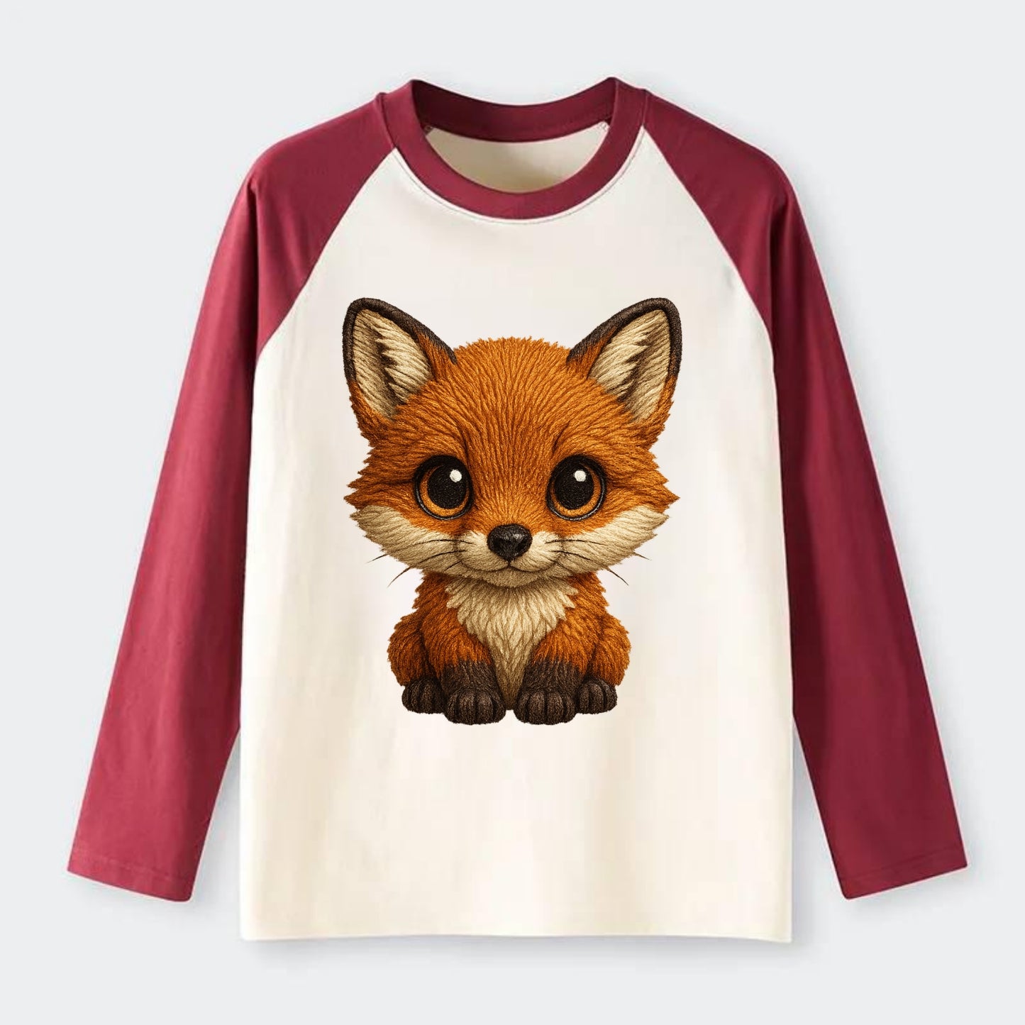 Baby Red Fox - russet fur, white chest, big amber eyes, perky ears, - Raglan Long Sleeve T-Shirt - Red
