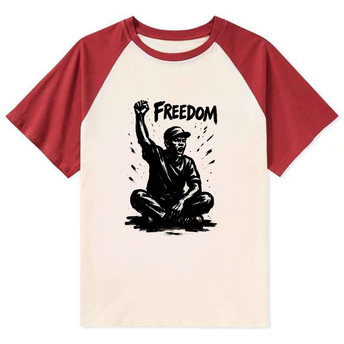 Sit-in protest figure - civil disobedience ink art - Contrast Raglan T-shirt - Red