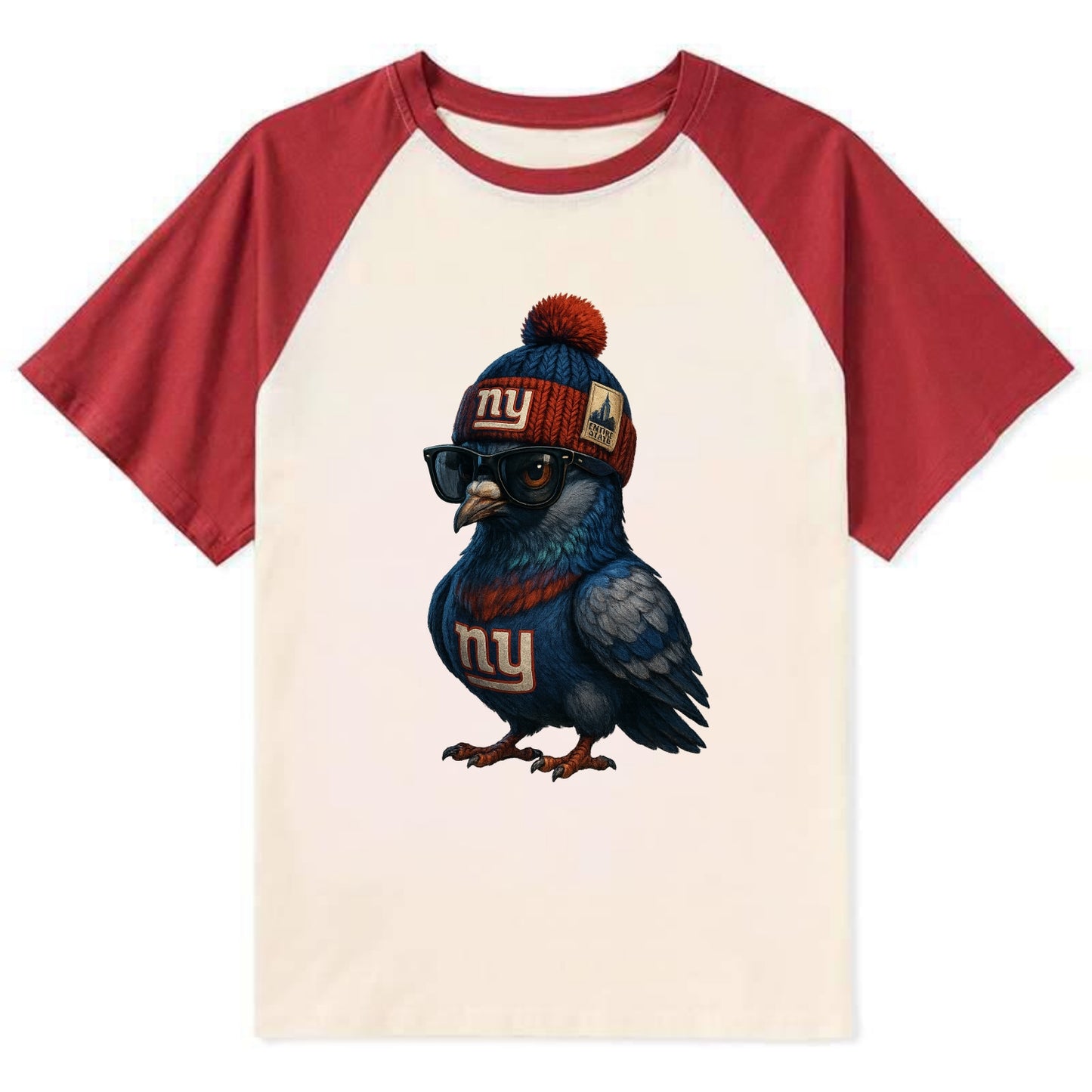 Manhattan Pigeon wearing Giants beanie with Empire State patch and - Contrast Raglan T-shirt - Red