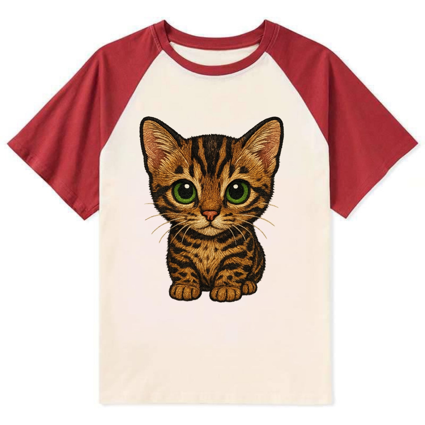 Baby Bengal Kitten - spotted/marbled wild coat, green eyes, athletic - Contrast Raglan T-shirt - Red