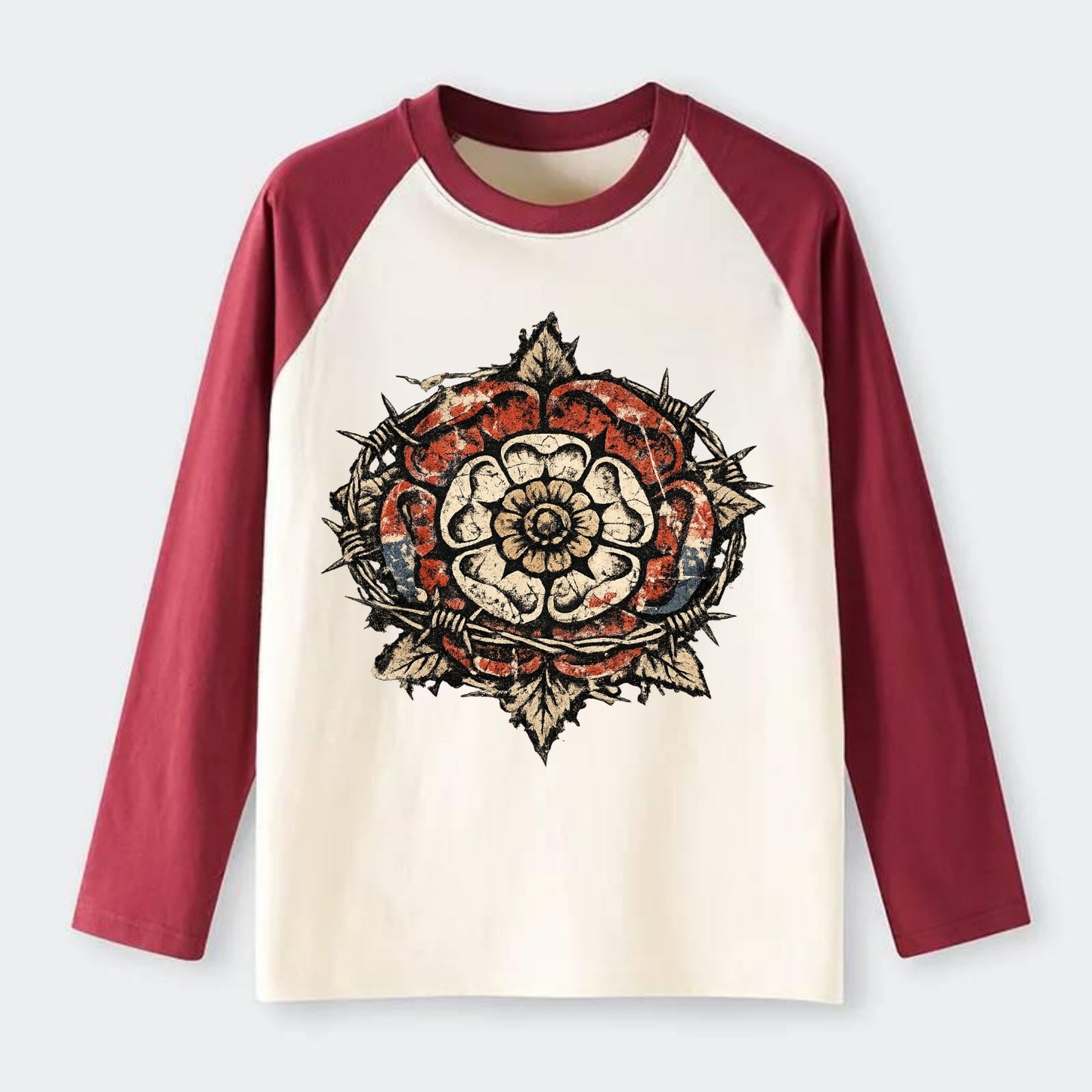 THORNED ROSE | Tudor rose with thorns | Barbed wire integration | - Raglan Long Sleeve T-Shirt - Red