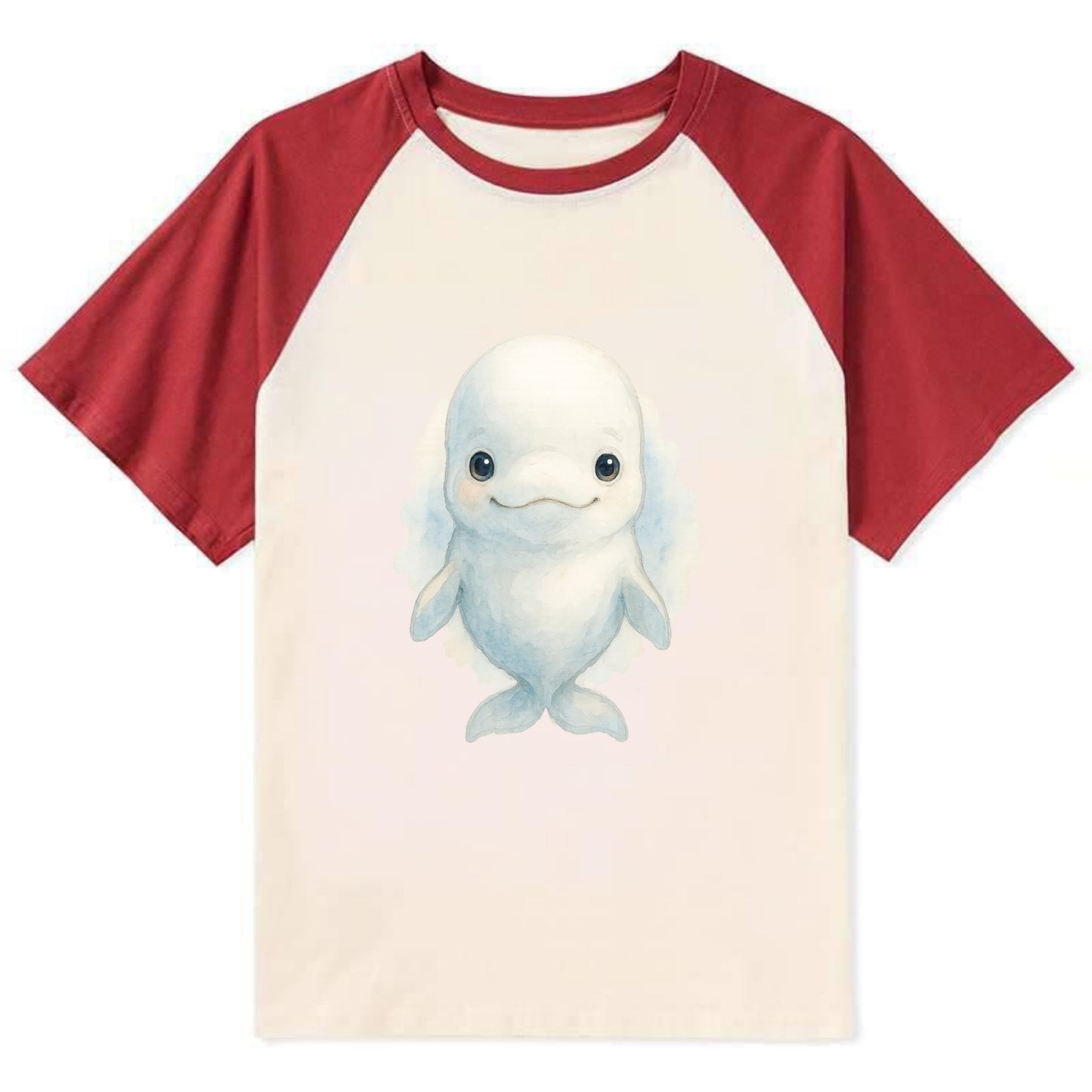Baby Beluga Whale - pure white, rounded forehead, small eyes with big - Contrast Raglan T-shirt - Red