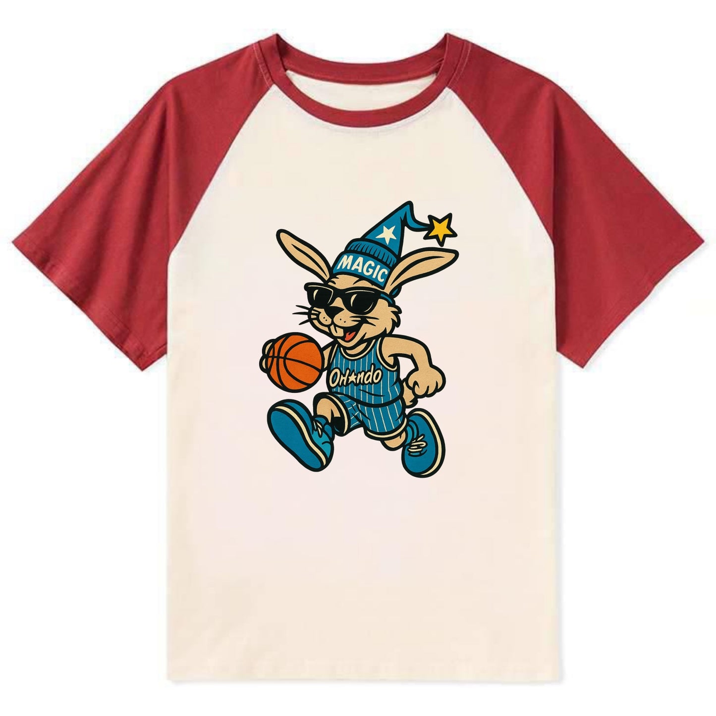 Orlando Rabbit wearing Magic blue and silver beanie with wizard hat and - Contrast Raglan T-shirt - Red