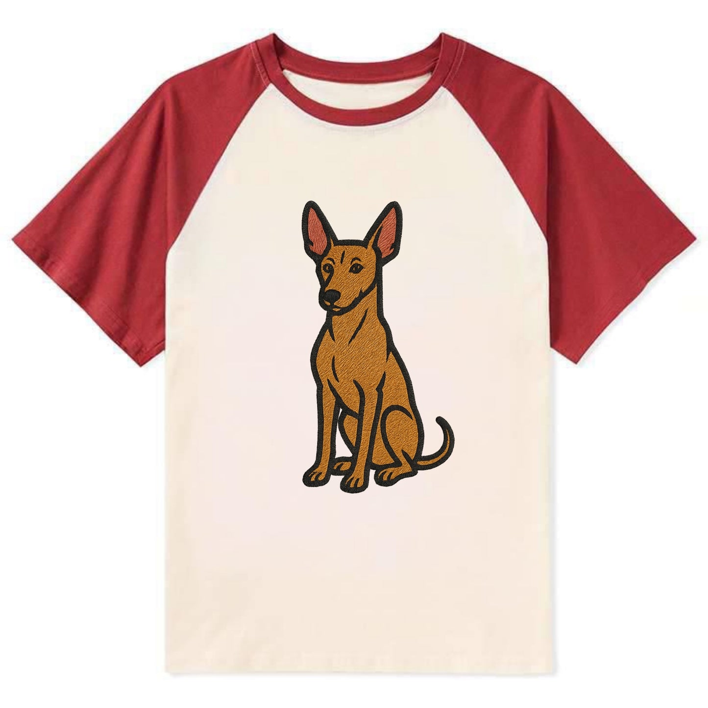 Pharaoh Hound - Tan colored embroidered pose - Contrast Raglan T-shirt - Red