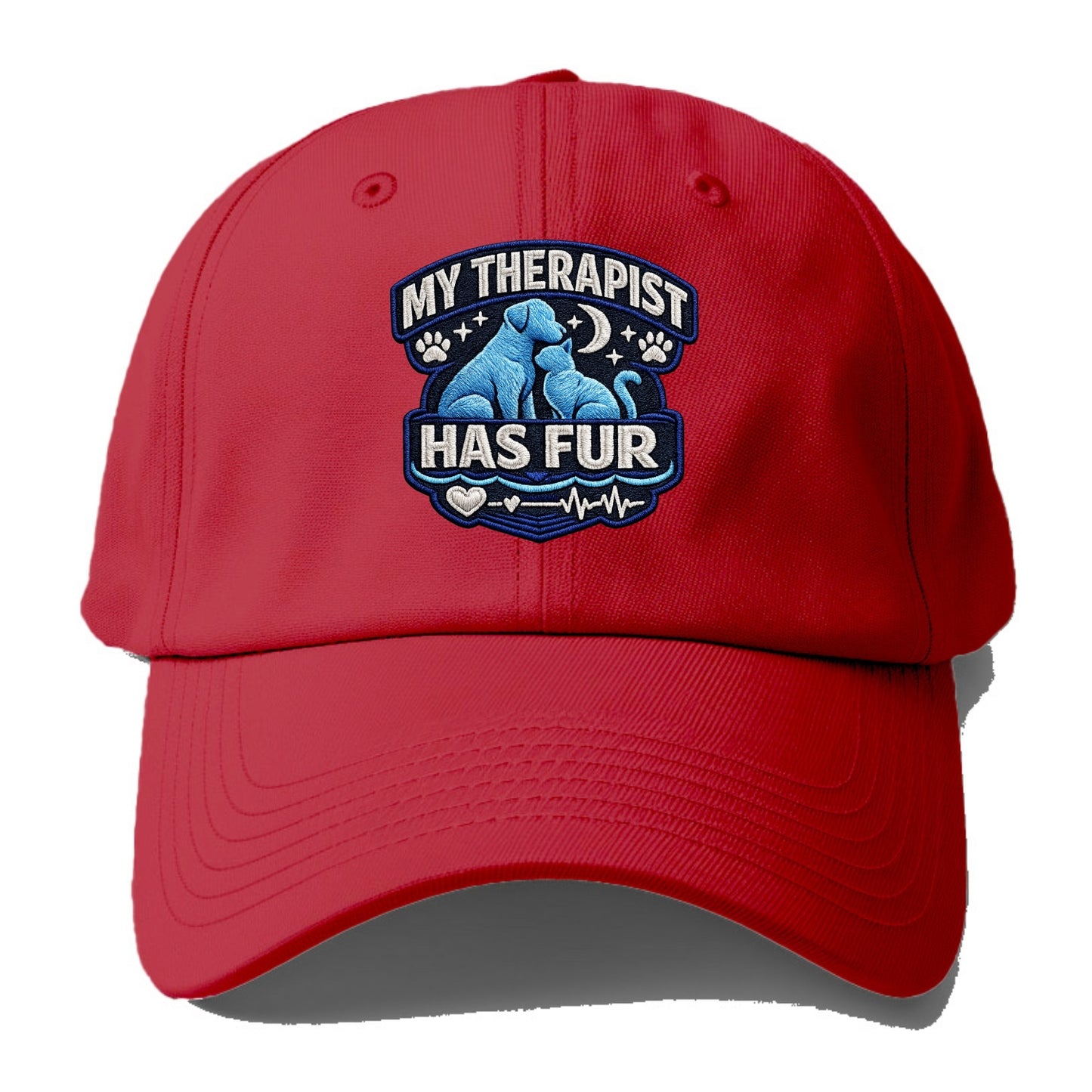MY THERAPIST HAS FUR - pet silhouette in calming blue , emotional support - Baseball Cap - Red