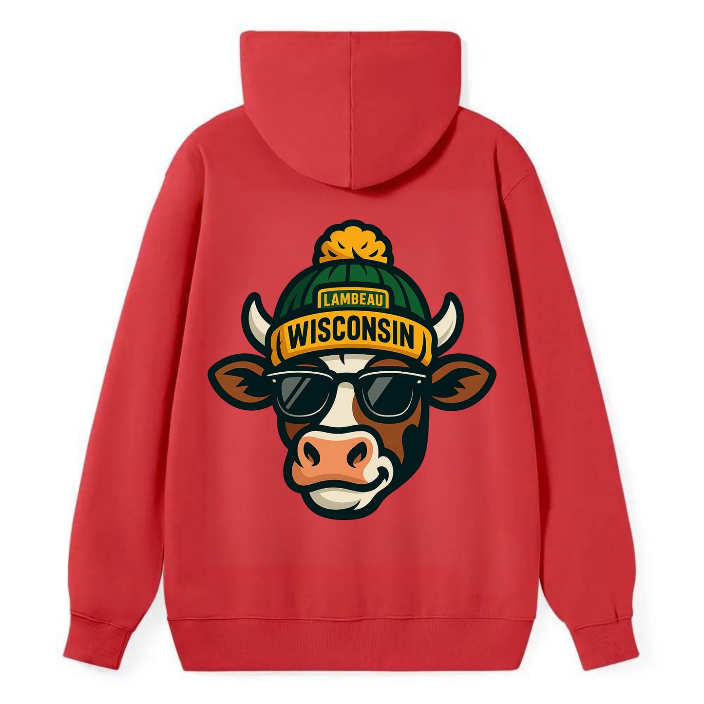 Wisconsin Cow wearing Packers beanie with Lambeau patch and wayfarer - Classic Pullover Hoodie - Red