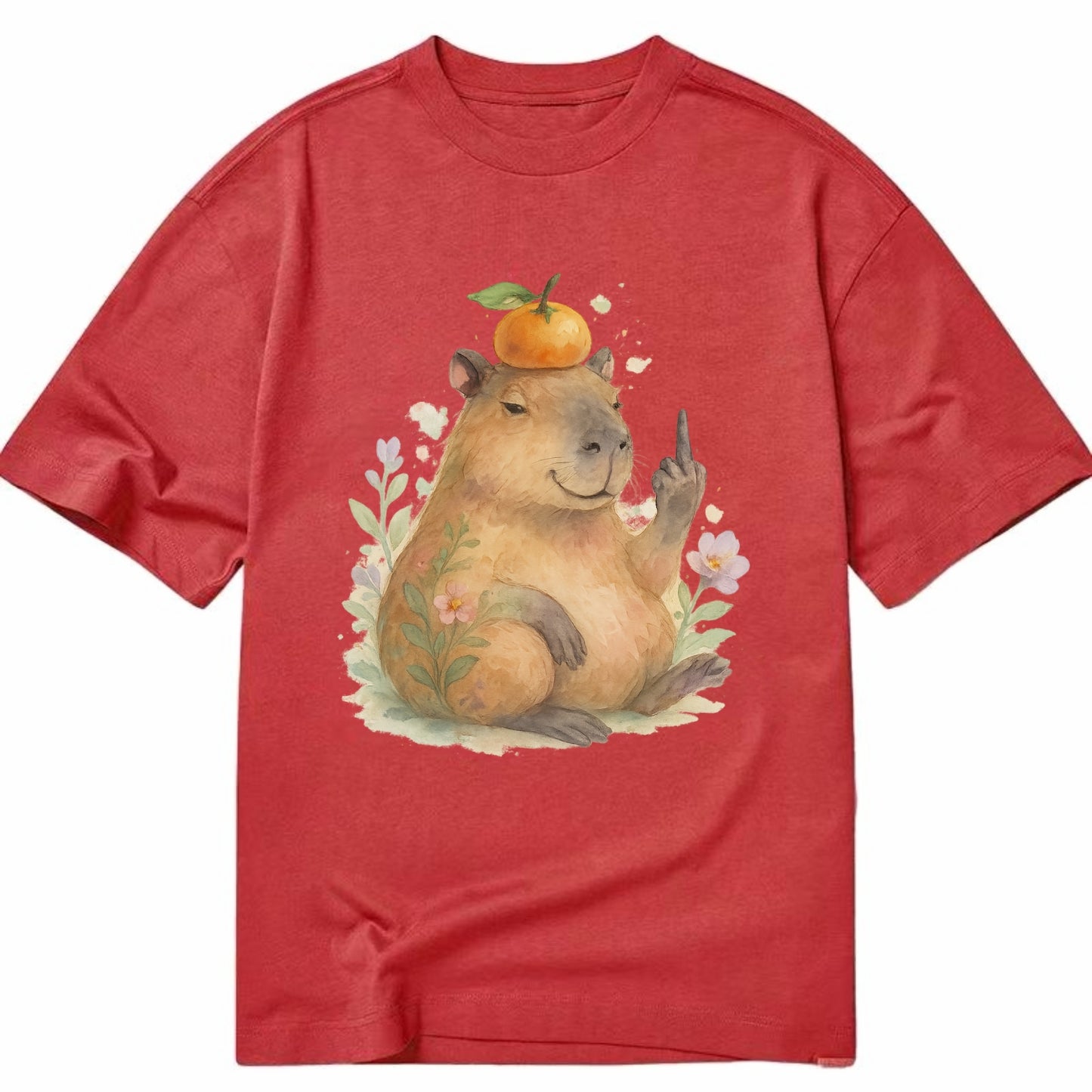 chonky capybara relaxing with orange on head, one webbed middle finger up - Classic T-shirt - Red