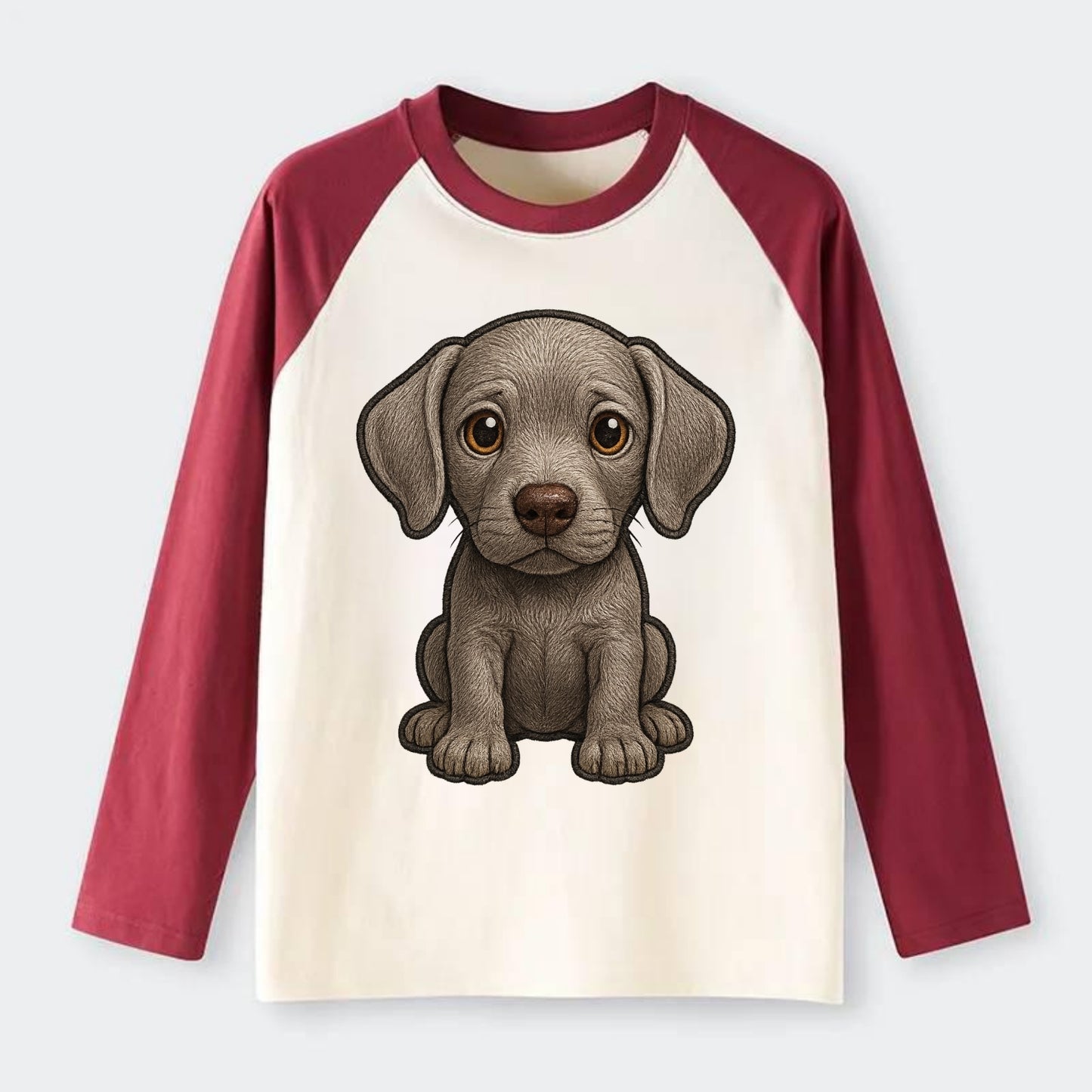 Baby Weimaraner Puppy - silver-gray coat, amber eyes, sleek body, - Raglan Long Sleeve T-Shirt - Red
