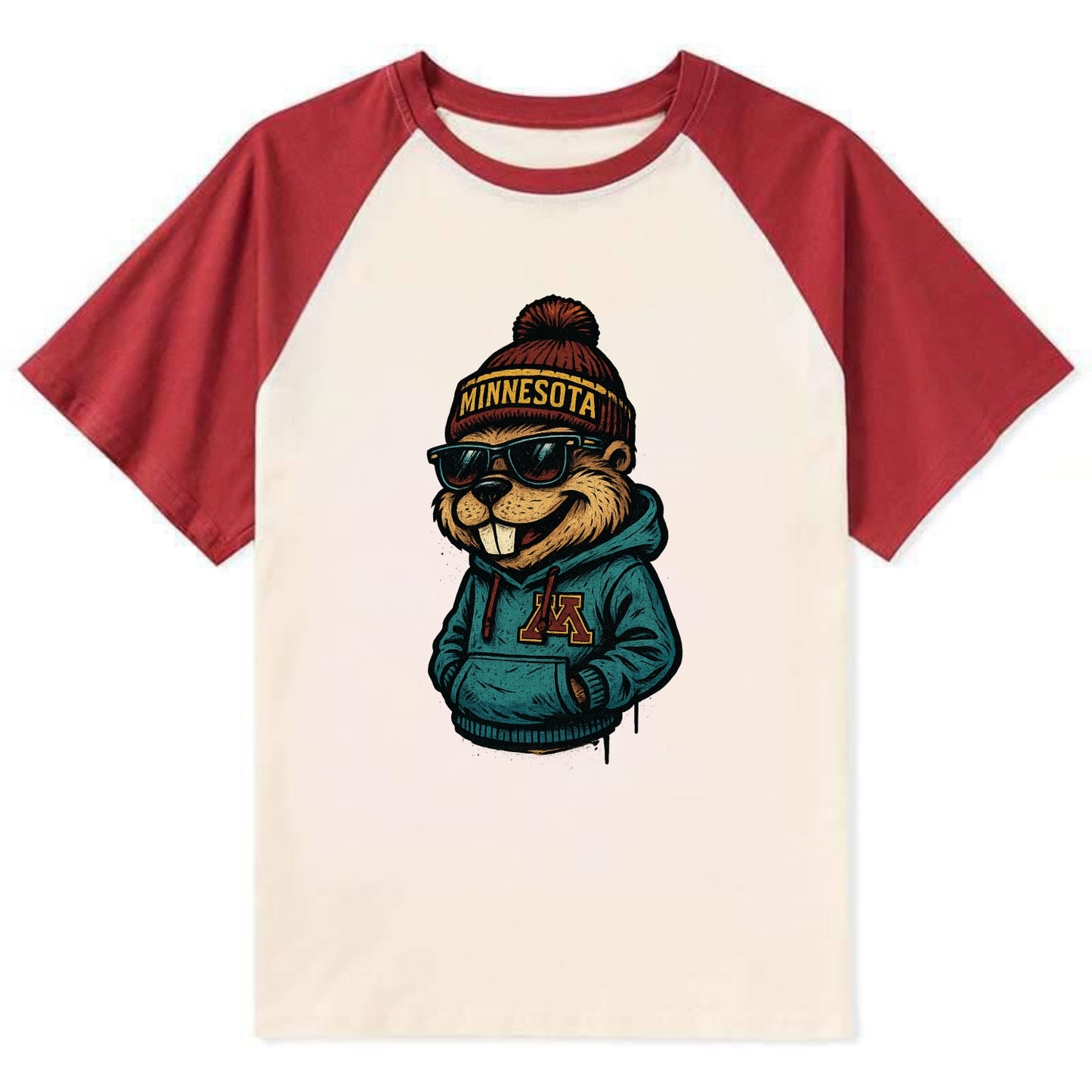 Minneapolis Gopher wearing Minnesota beanie with M patch - Contrast Raglan T-shirt - Red