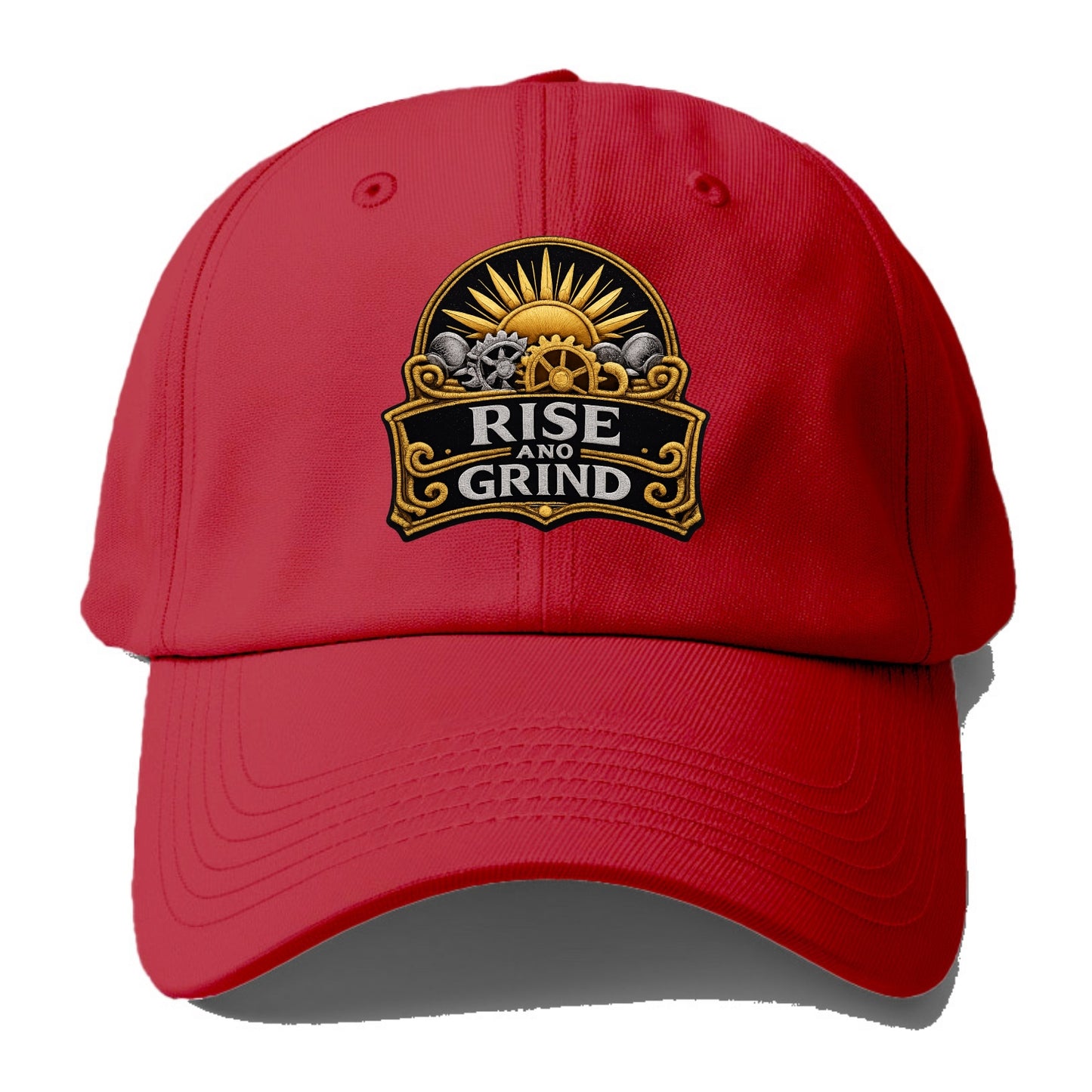 RISE AND GRIND - sun with gears in gold , morning motivation - Baseball Cap - Red