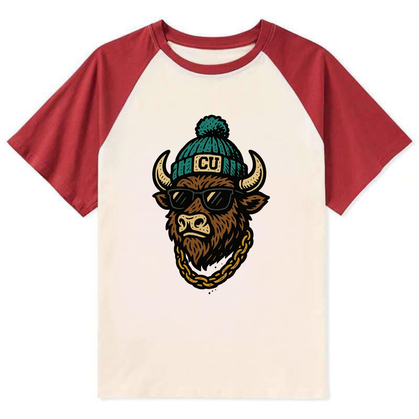 Boulder Ralphie wearing Colorado beanie with CU patch - Contrast Raglan T-shirt - Red