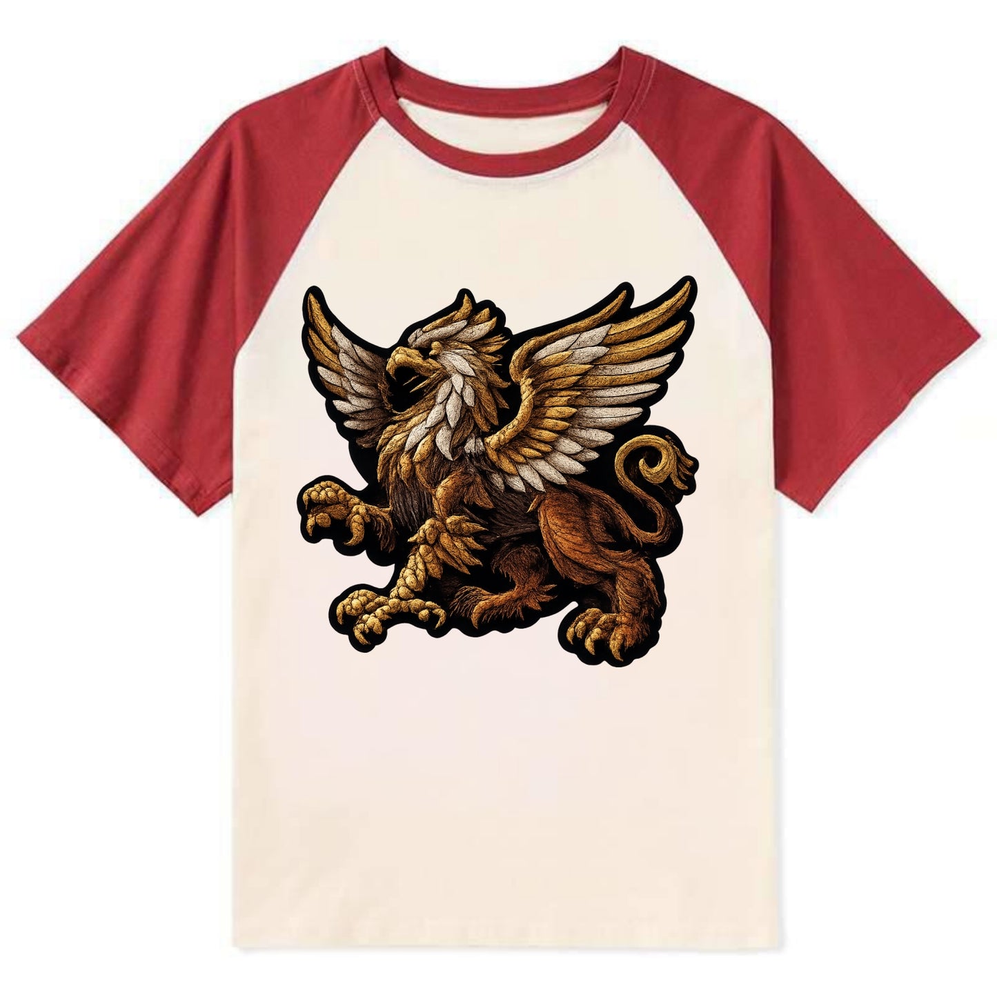 GRIFFIN BEAST - lion eagle hybrid in gold and brown , heraldic - Contrast Raglan T-shirt - Red