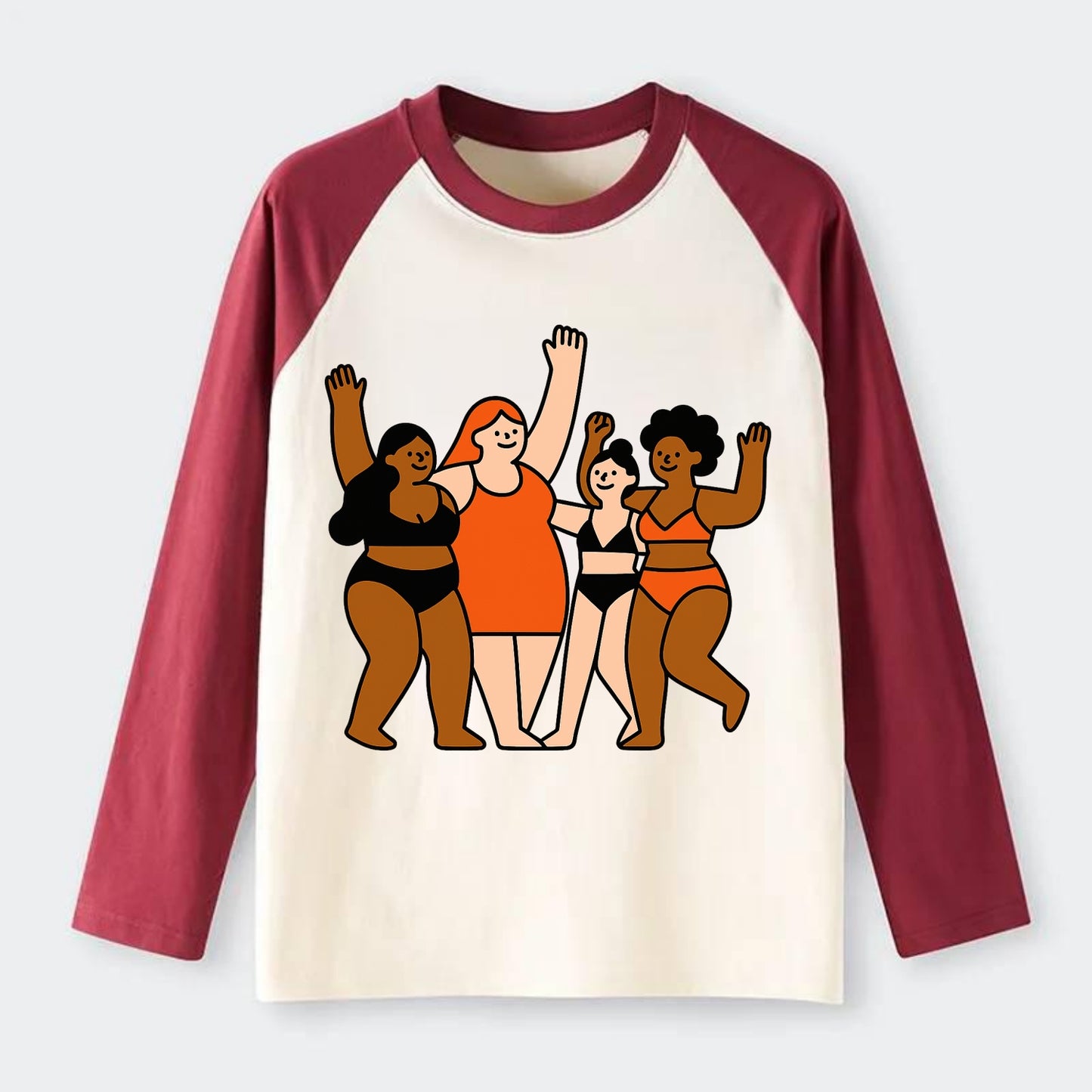 Diverse body types celebrating together - body positivity movement, - Raglan Long Sleeve T-Shirt - Red