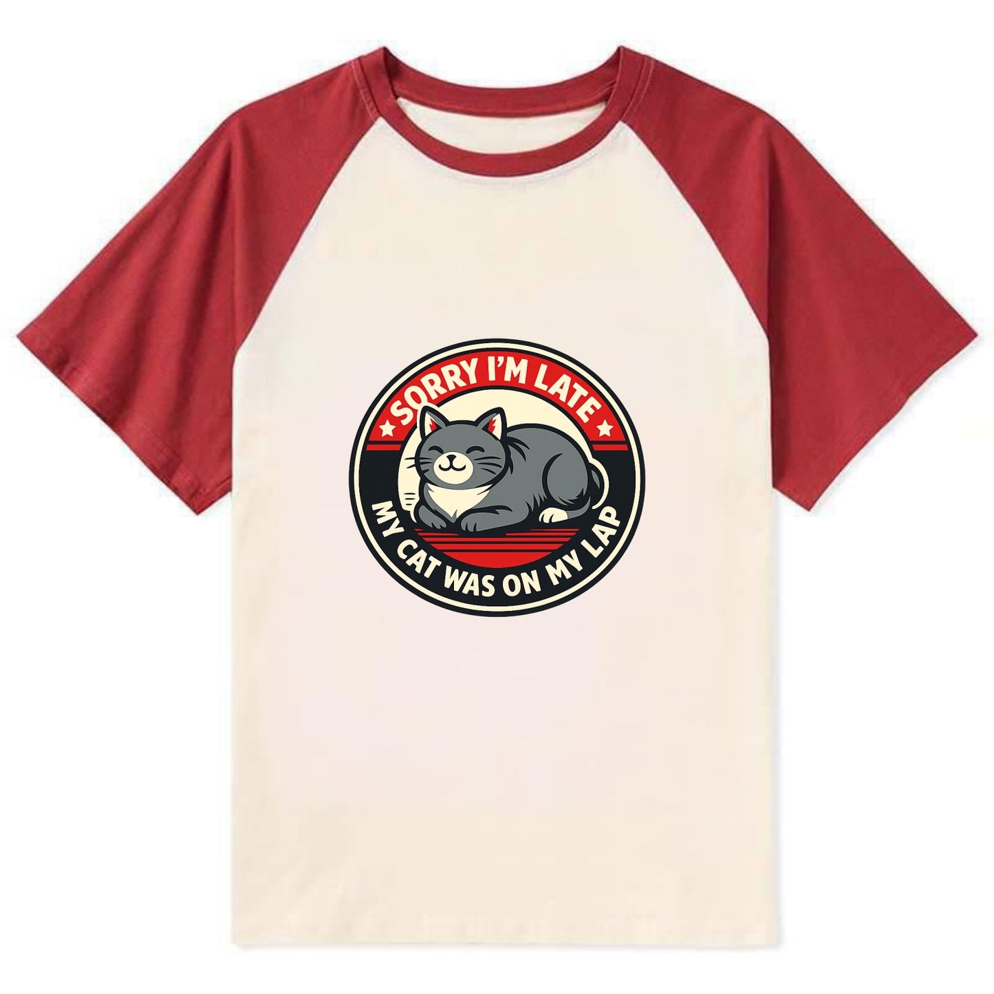 Charming Cat Loaf Excuse Emblem - Contrast Raglan T-shirt - Red