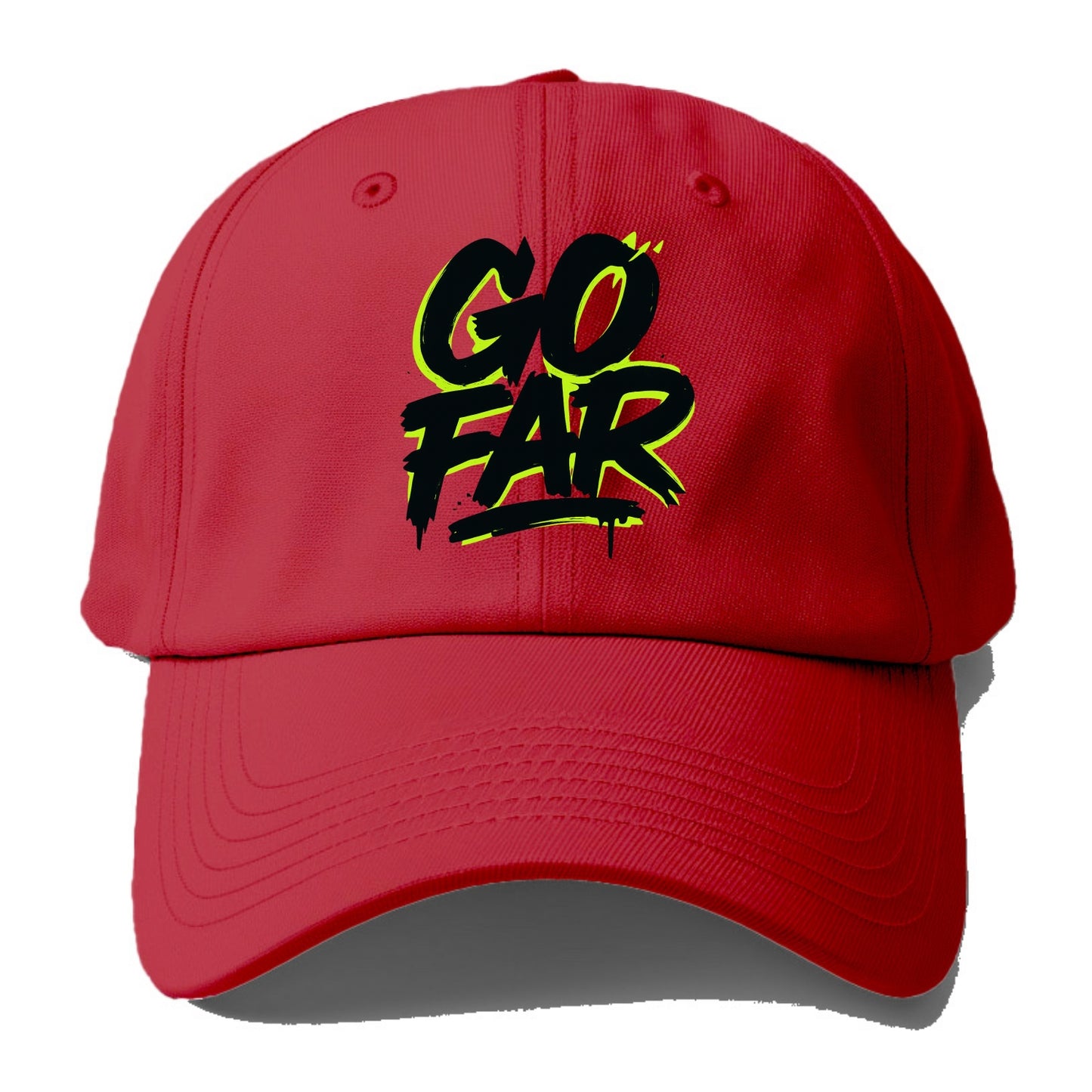 Bold typography design - "GO FAR" - distance goals, pushing limits - Baseball Cap - Red