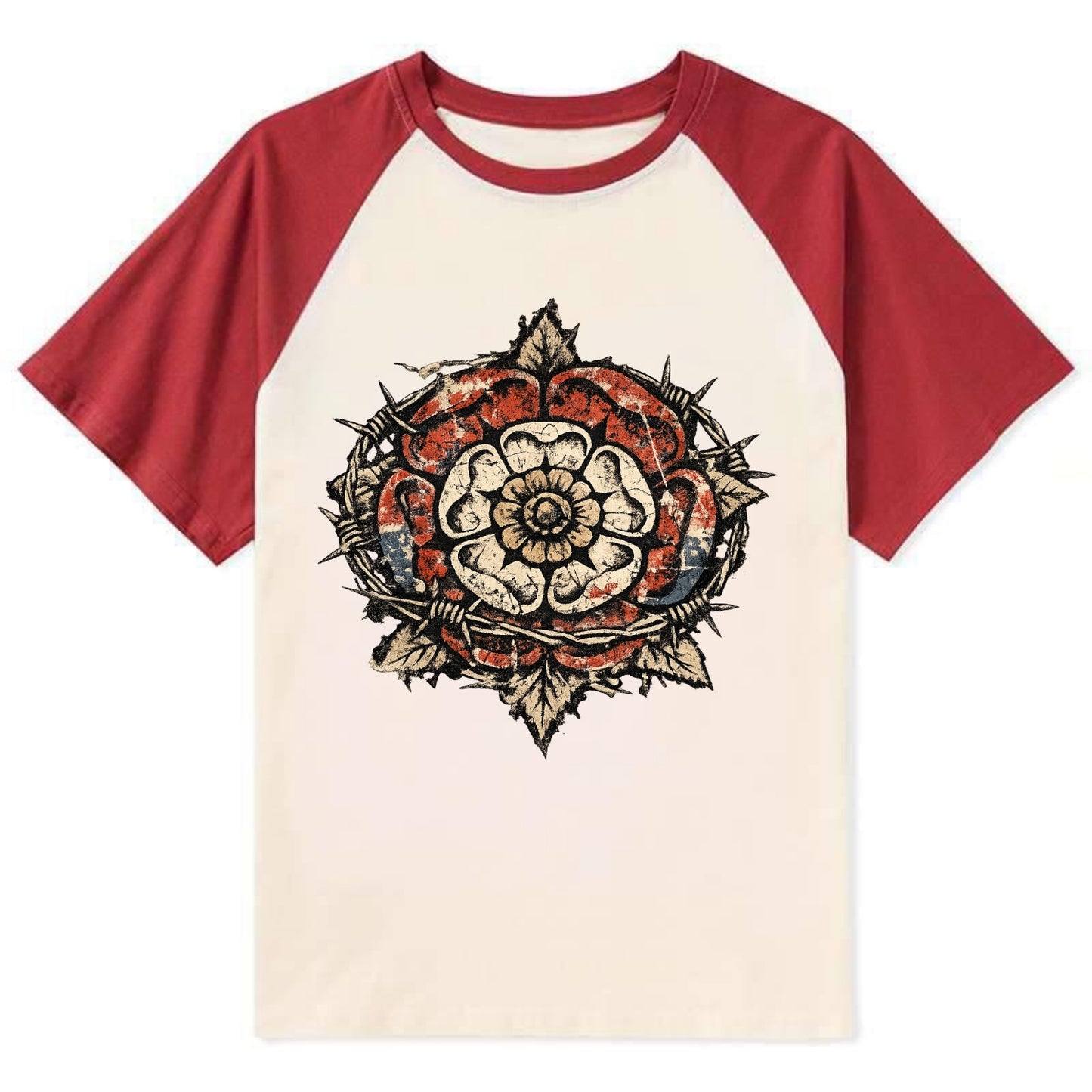 THORNED ROSE | Tudor rose with thorns | Barbed wire integration | - Contrast Raglan T-shirt - Red