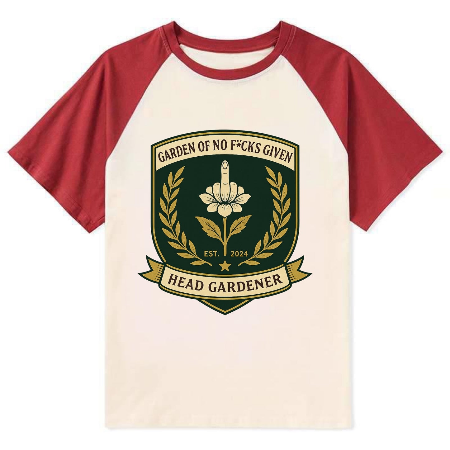 Shield with middle finger flower - "Garden of No F*cks Given - Head - Contrast Raglan T-shirt - Red