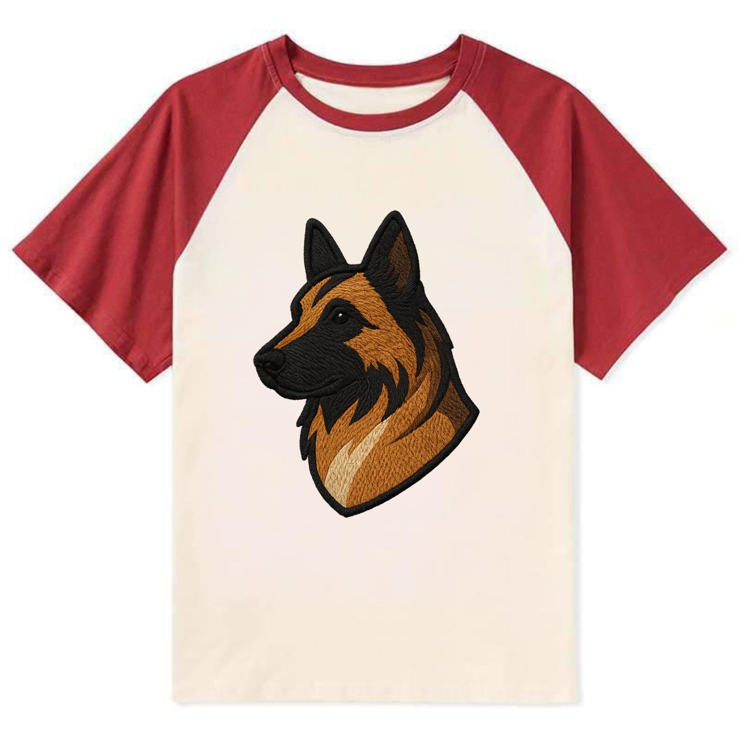 Belgian Tervuren - Fawn with black overlay embroidered design - Contrast Raglan T-shirt - Red