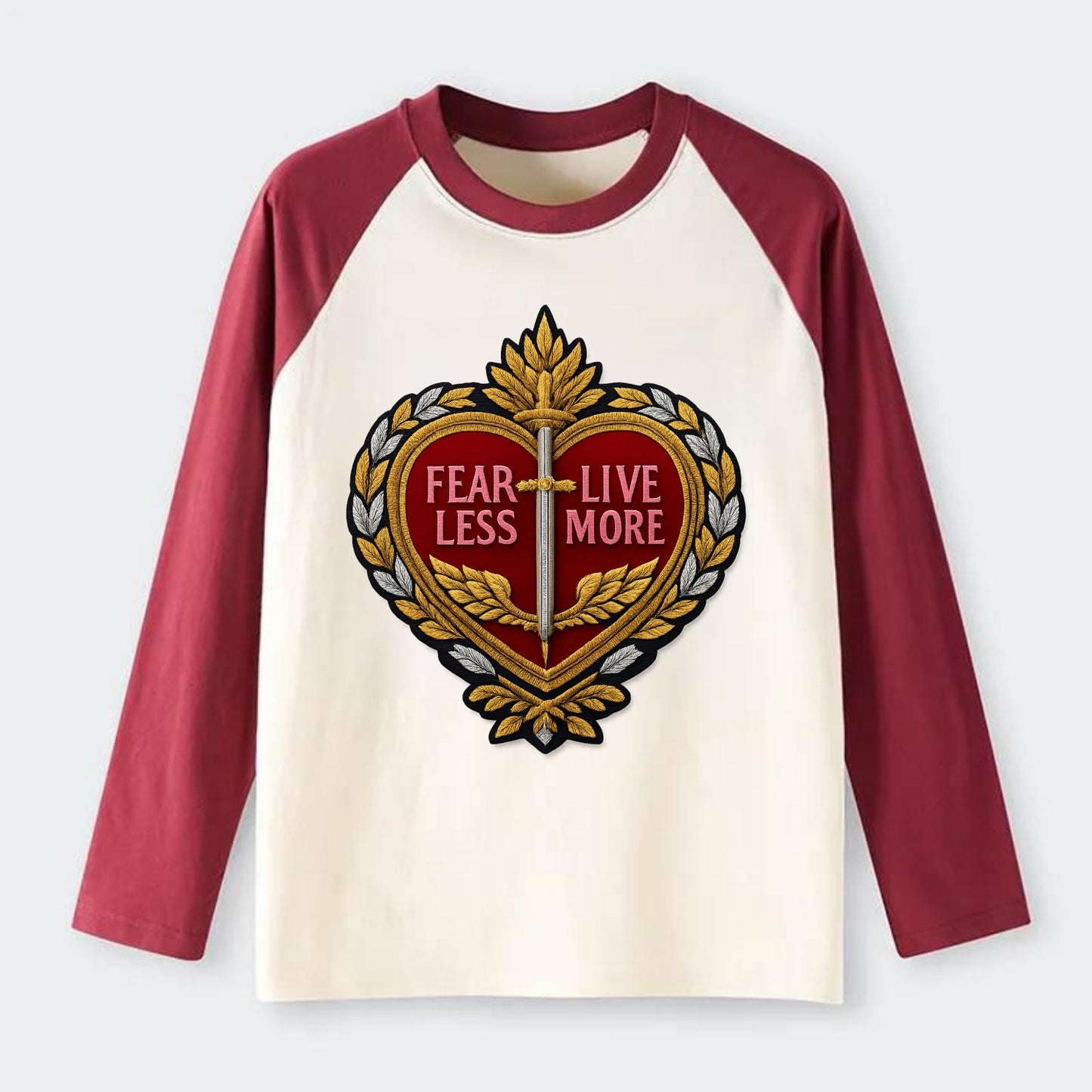 FEAR LESS LIVE MORE - heart with text in red , courage - Raglan Long Sleeve T-Shirt - Red