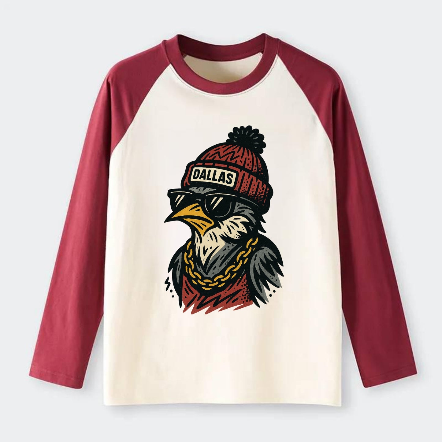 Dallas Mockingbird wearing Dallas beanie with pom pom and wayfarer - Raglan Long Sleeve T-Shirt - Red
