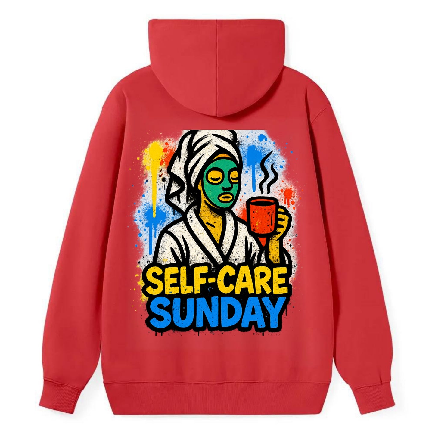 Person in bathrobe with face mask and tea - self-care Sunday ritual, - Classic Pullover Hoodie - Red