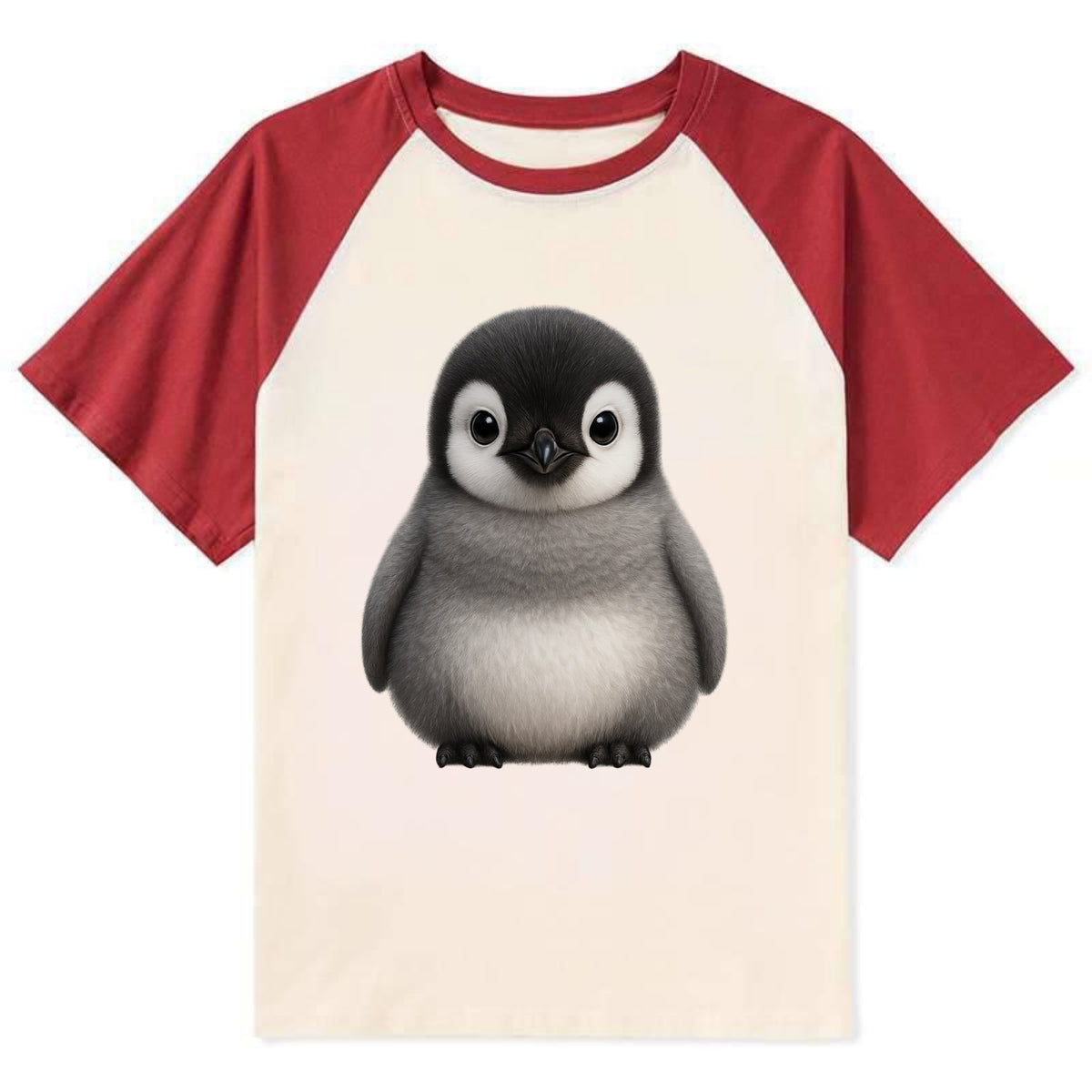 Baby Adelie Penguin - black and white, round body, curious eyes, - Contrast Raglan T-shirt - Red