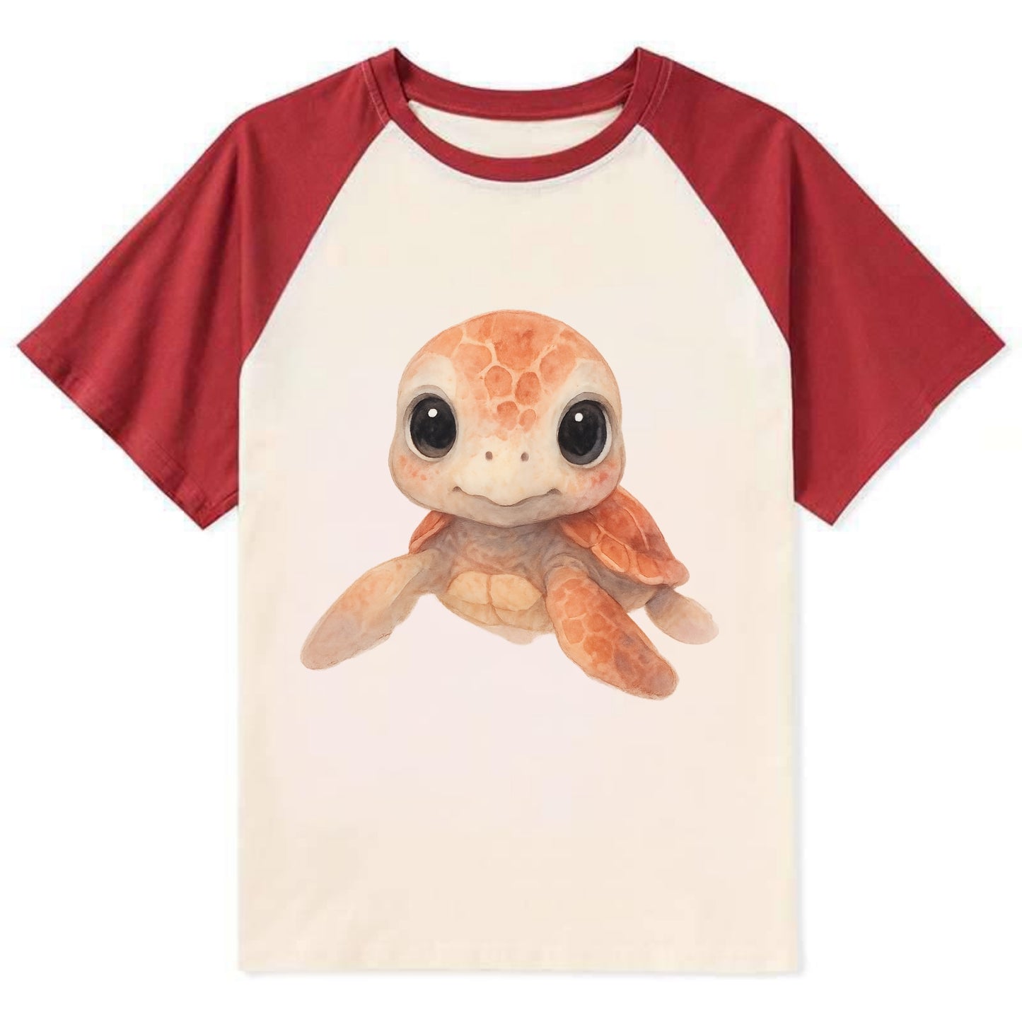 Baby Loggerhead Turtle - reddish-brown shell, big round dark eyes, chunky - Contrast Raglan T-shirt - Red
