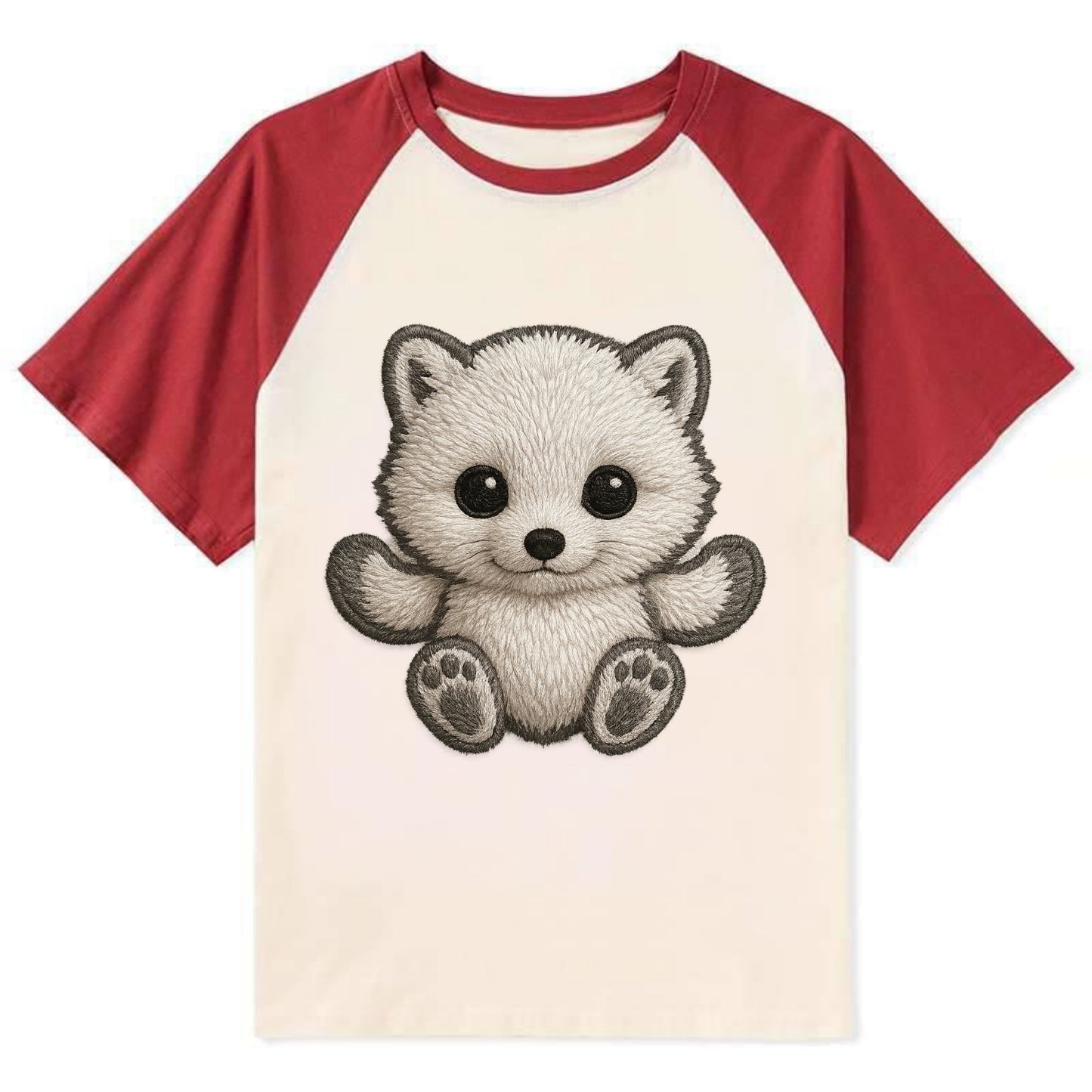 Baby Arctic Fox - white fluffy, tiny black nose, bright curious eyes, - Contrast Raglan T-shirt - Red