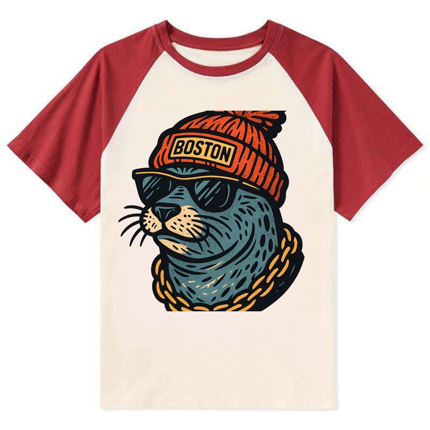 Boston Harbor Seal wearing Boston beanie with pom pom and wayfarer - Contrast Raglan T-shirt - Red