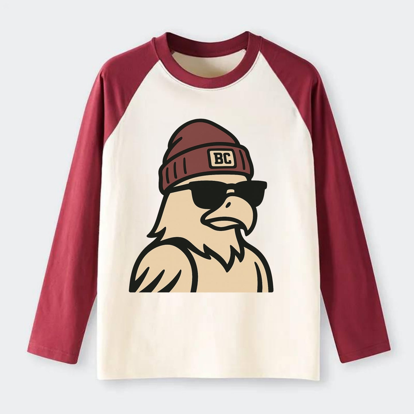 Chestnut Hill Eagle wearing Boston College beanie with BC patch - Raglan Long Sleeve T-Shirt - Red