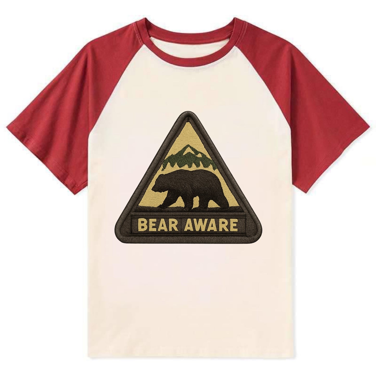 BEAR AWARE - bear silhouette warning in brown and yellow , wilderness - Contrast Raglan T-shirt - Red