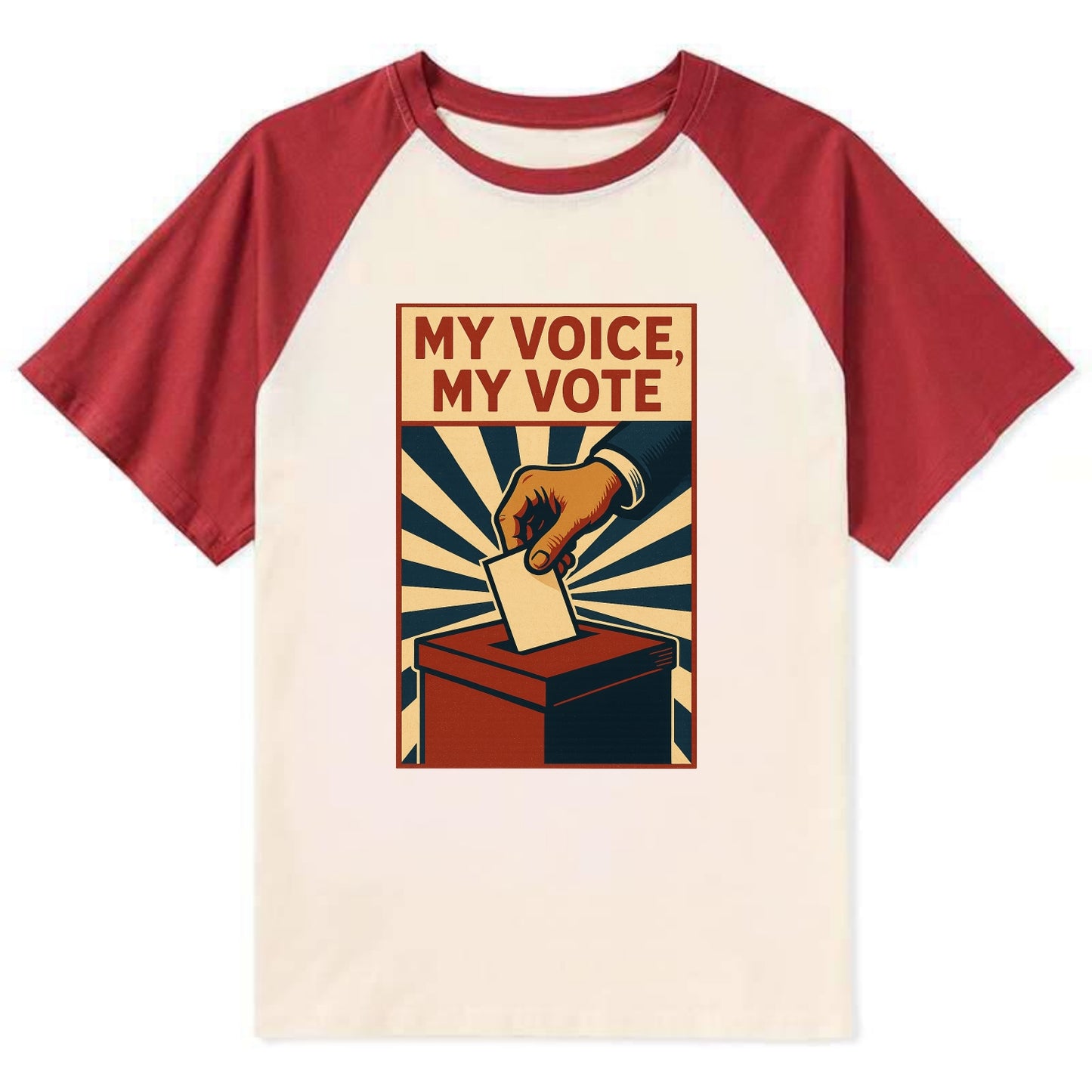 Hand dropping ballot into box with determination - "My Voice, My Vote" - - Contrast Raglan T-shirt - Red