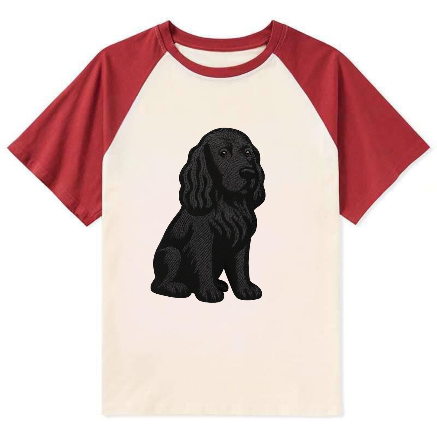 Field Spaniel - Black silky coat embroidered pose - Contrast Raglan T-shirt - Red