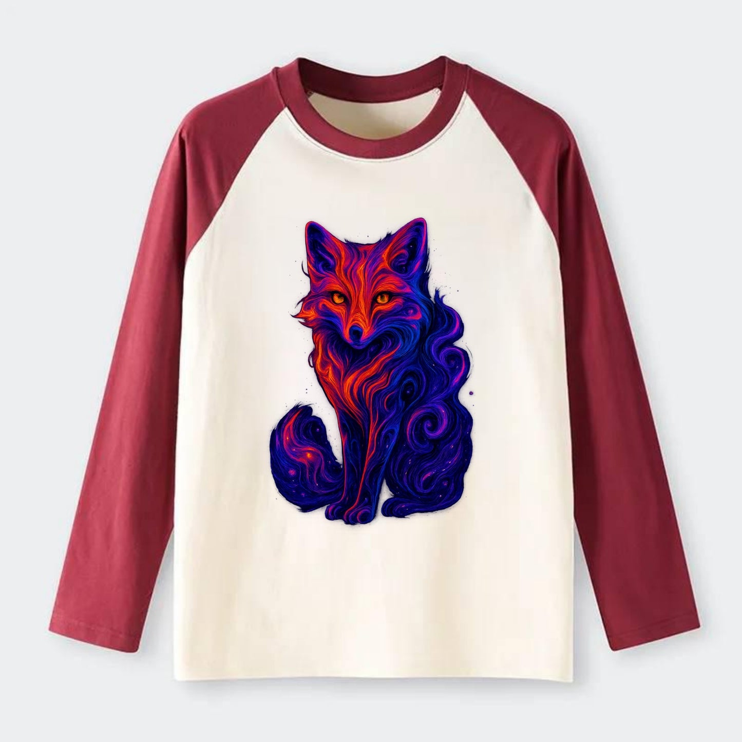 Clever fox with tail dissolving into cosmic nebula swirls, orange to - Raglan Long Sleeve T-Shirt - Red