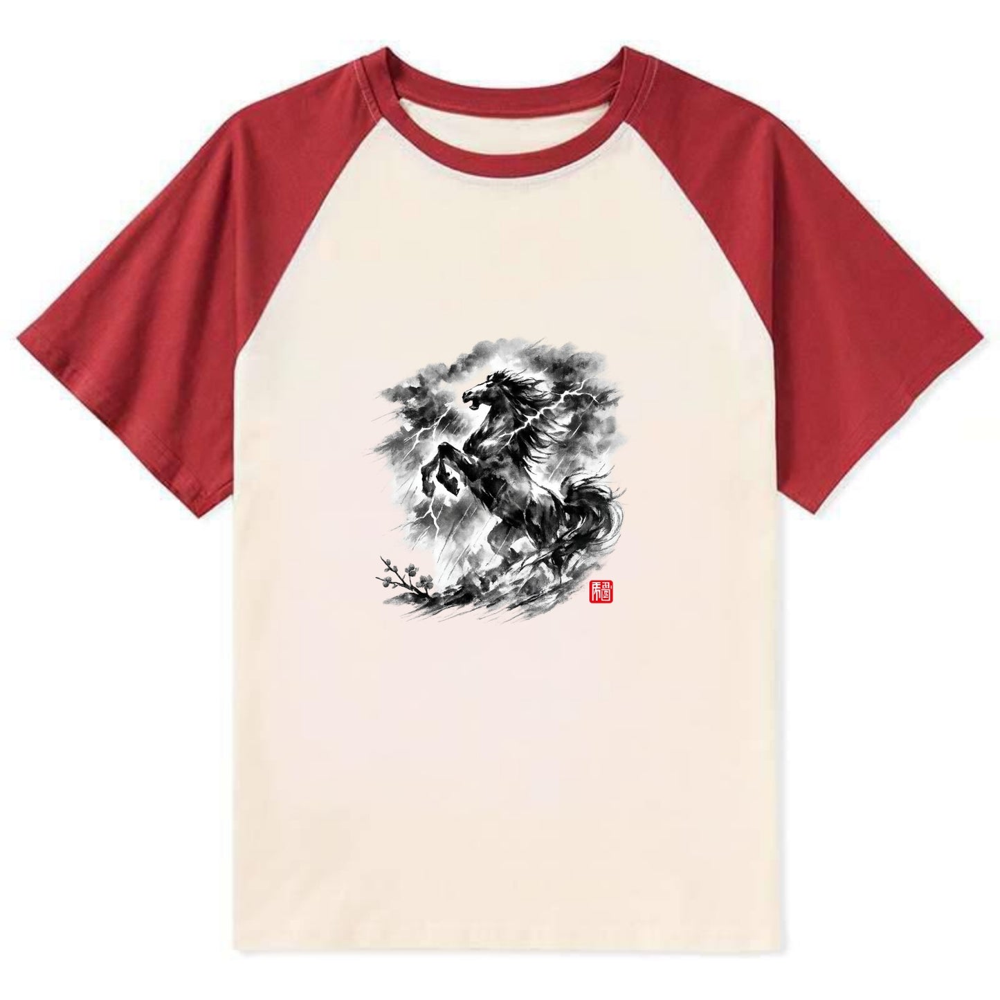 THUNDER HORSE | Storm horse with lightning elements | Dramatic storm - Contrast Raglan T-shirt - Red