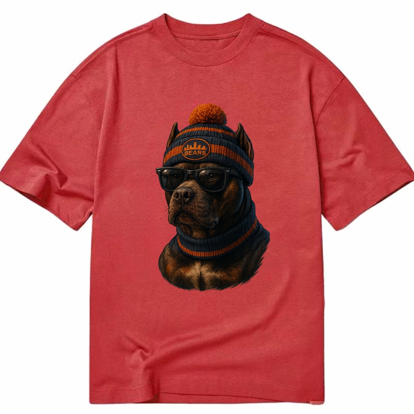 Chicago Pitbull wearing Bears beanie with skyline patch and wayfarer sunglasses - Classic T-shirt - Red