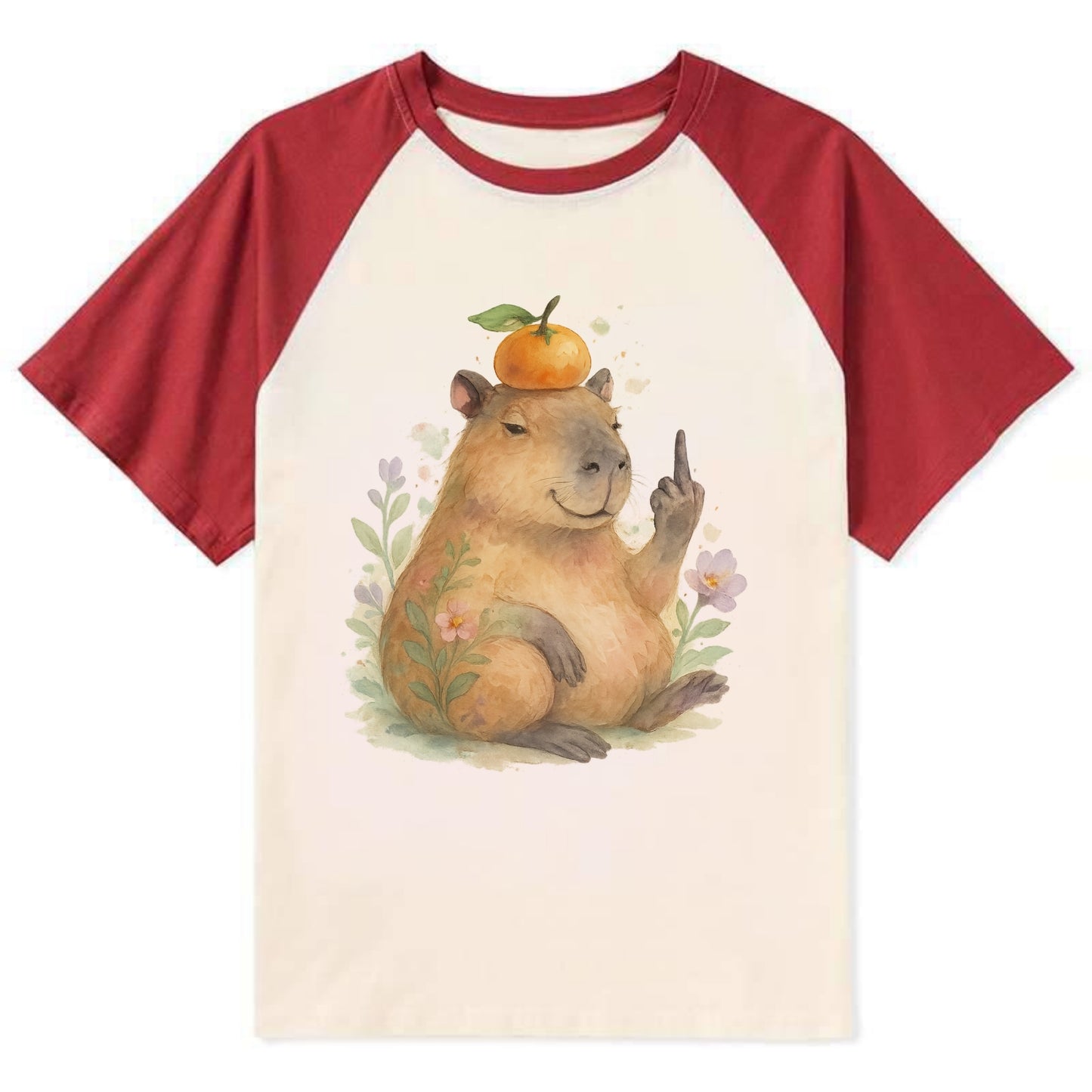 chonky capybara relaxing with orange on head, one webbed middle finger up - Contrast Raglan T-shirt - Red