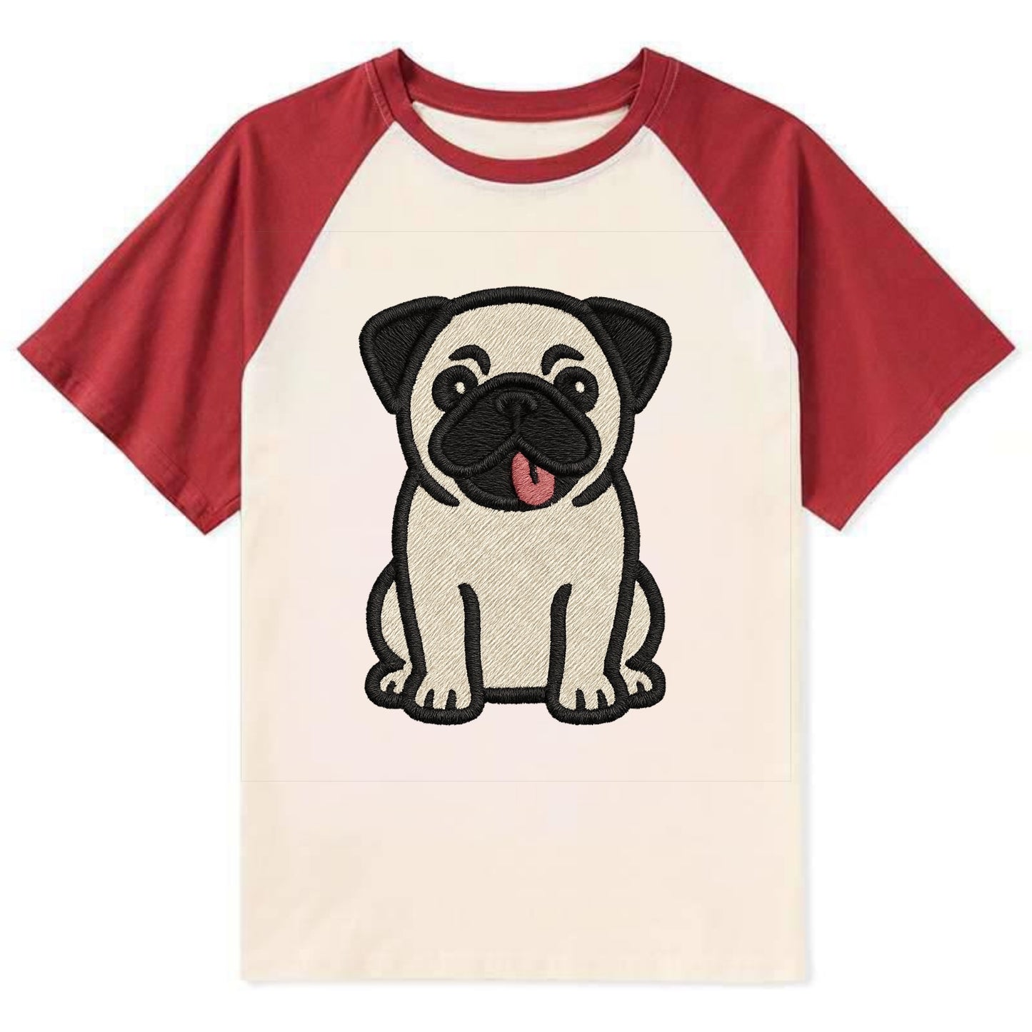 Pug - Tilted head with tongue out - Cont Contrast Raglan T-shirt - Red