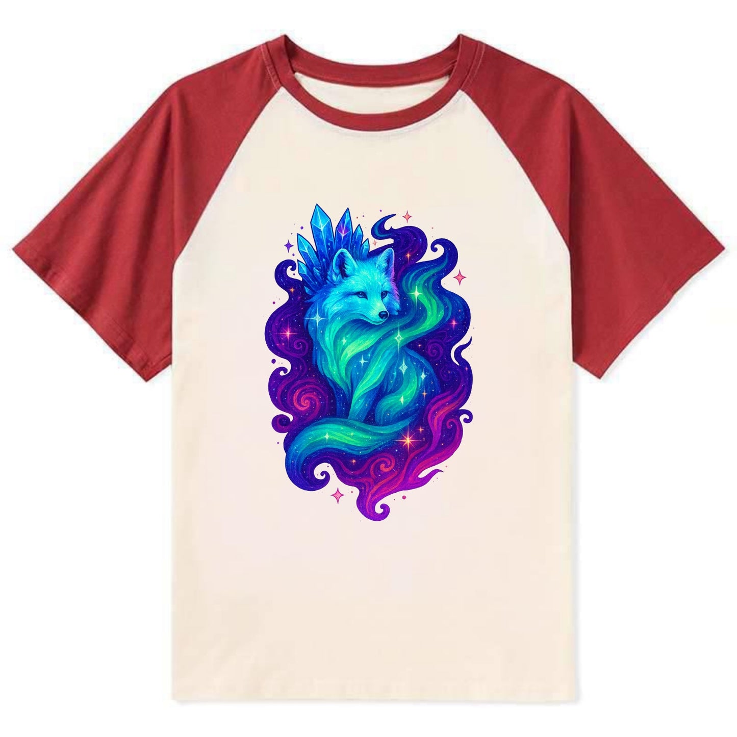 Ethereal arctic fox with fur that transforms into crystal formations, - Contrast Raglan T-shirt - Red