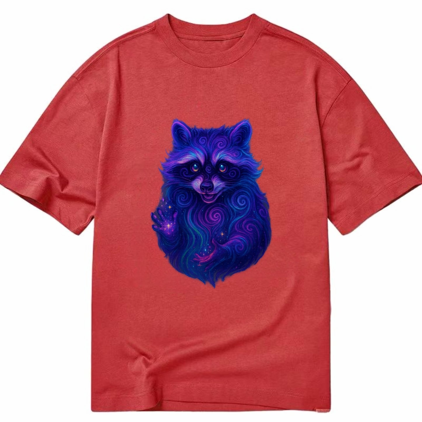 Playful raccoon with mask swirling in hypnotic patterns, neon purple and green - Classic T-shirt - Red