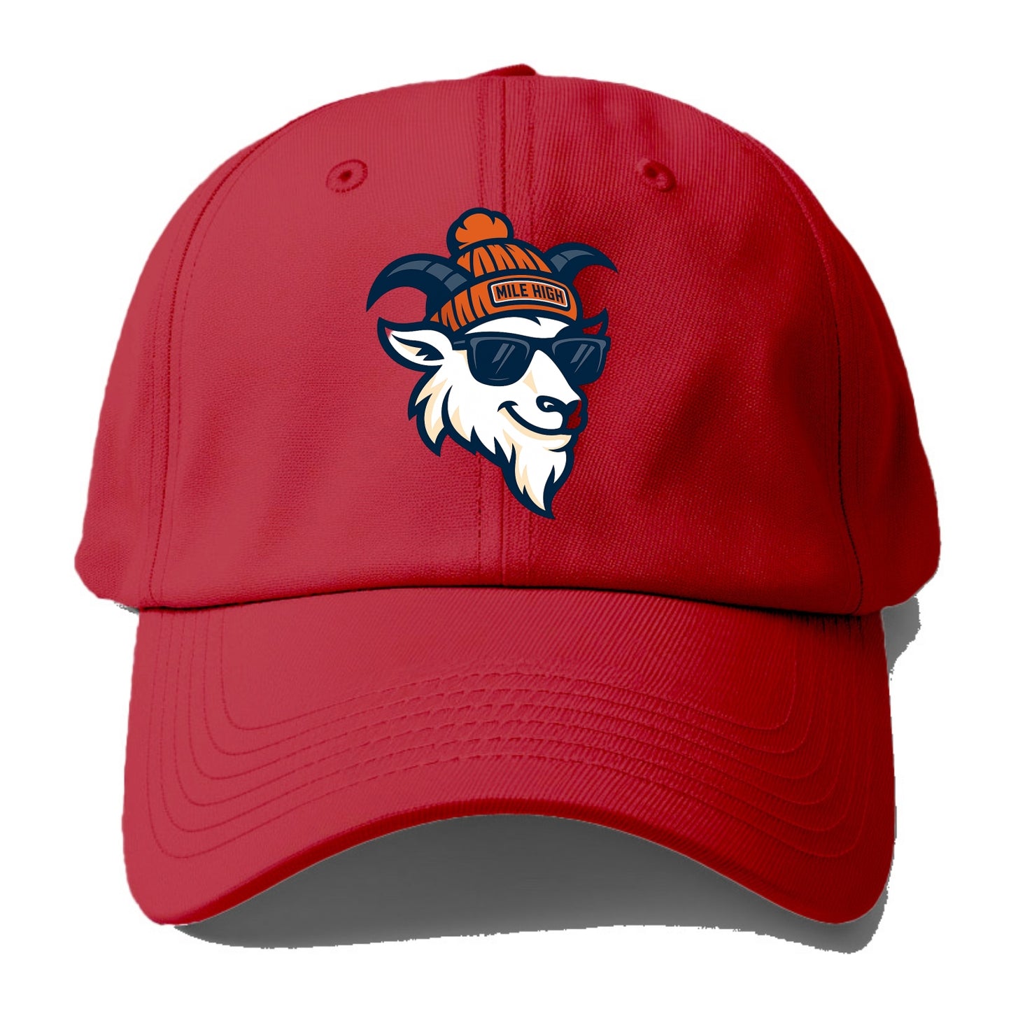Denver Mountain Goat wearing Broncos beanie with Mile High patch and wayfarer - Baseball Cap - Red