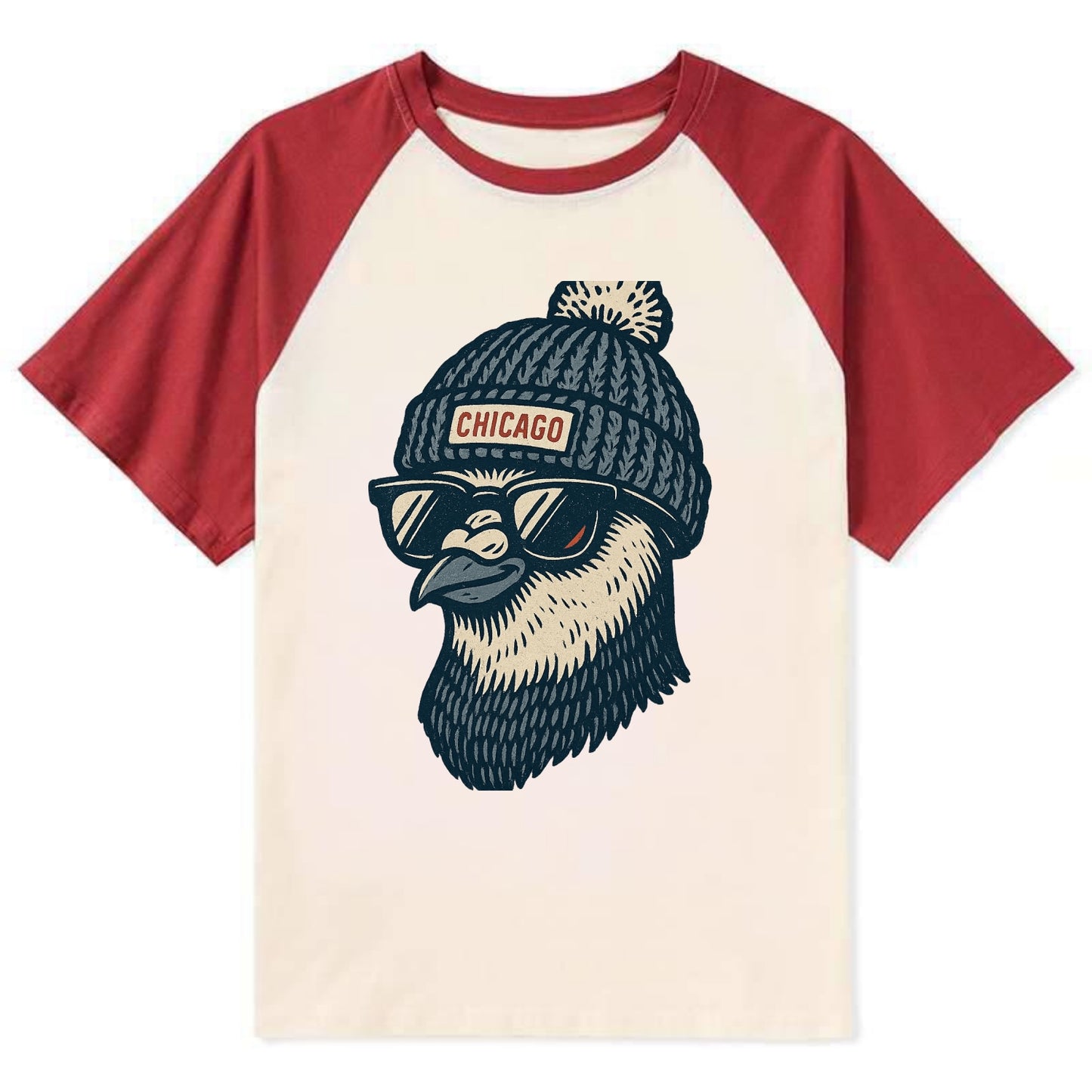 Chicago Pigeon wearing Chicago beanie with pom pom and wayfarer sunglasses - Contrast Raglan T-shirt - Red
