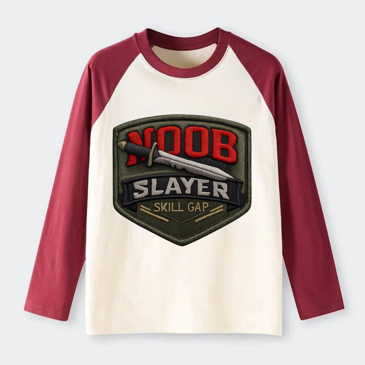 NOOB SLAYER - sword through noob text in red and silver , skill gap - Raglan Long Sleeve T-Shirt - Red